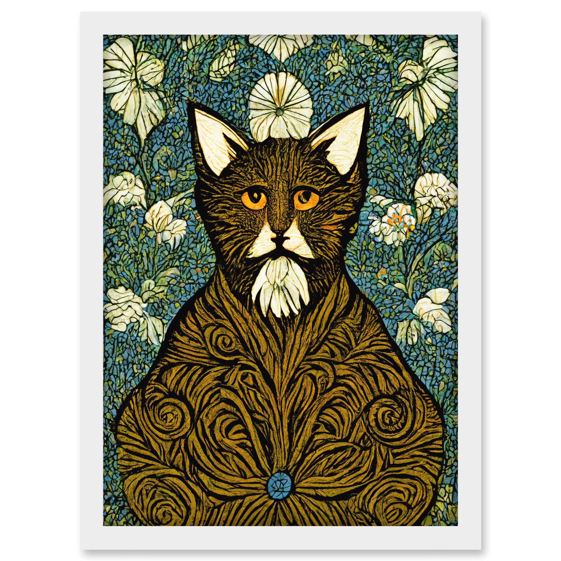 Doppelganger33 LTD Floral Paisley Illustrated Golden Cat William Morris Artwork Framed A3 Wall Art Print
