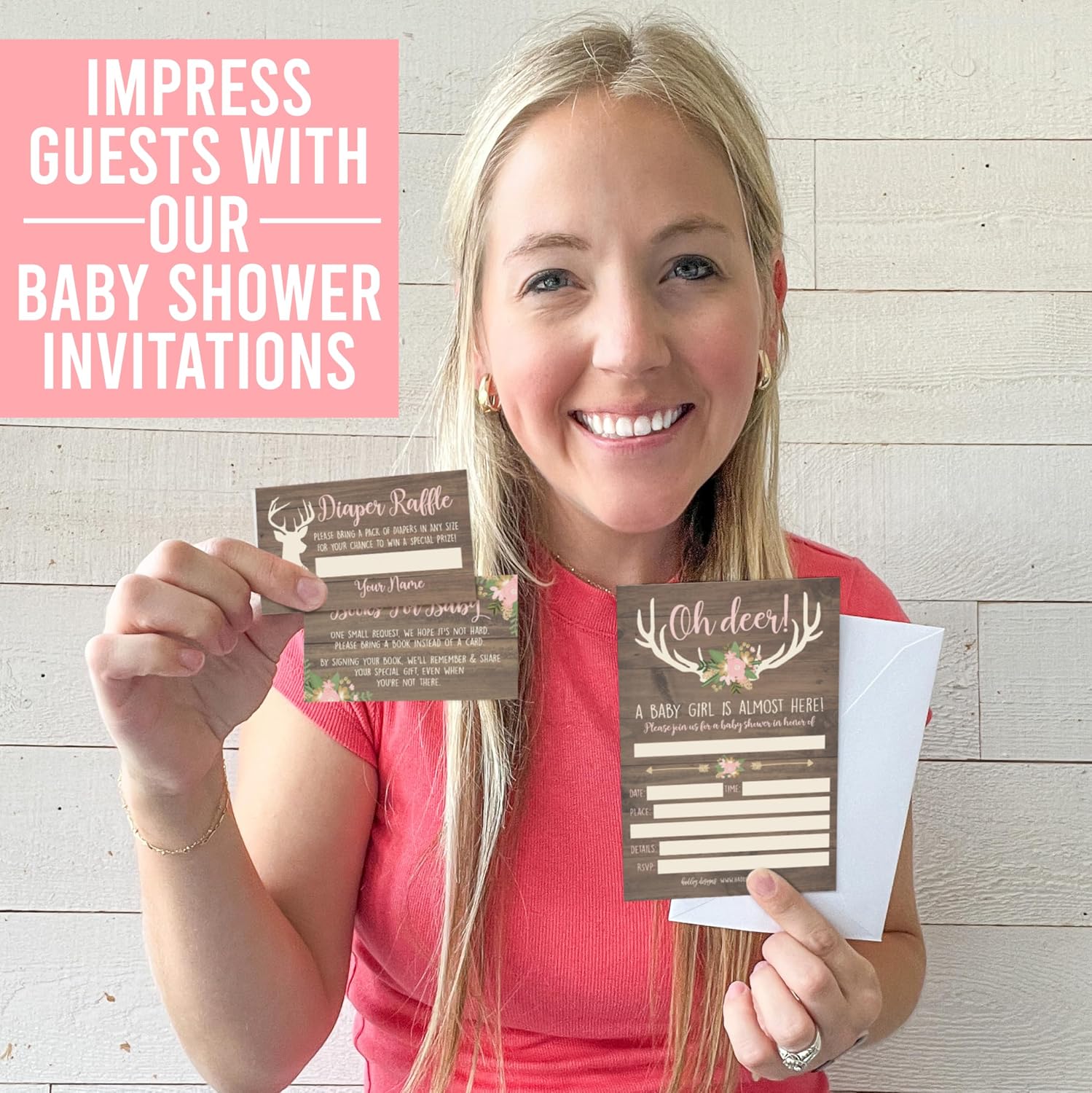 Hadley Designs Baby Shower Invitations For Girl -40 Baby Shower Invites for Girl with Diaper Raffle & Book Request Cards, Oh Deer Babyshower Invitations with Envelopes, Rustic Invite