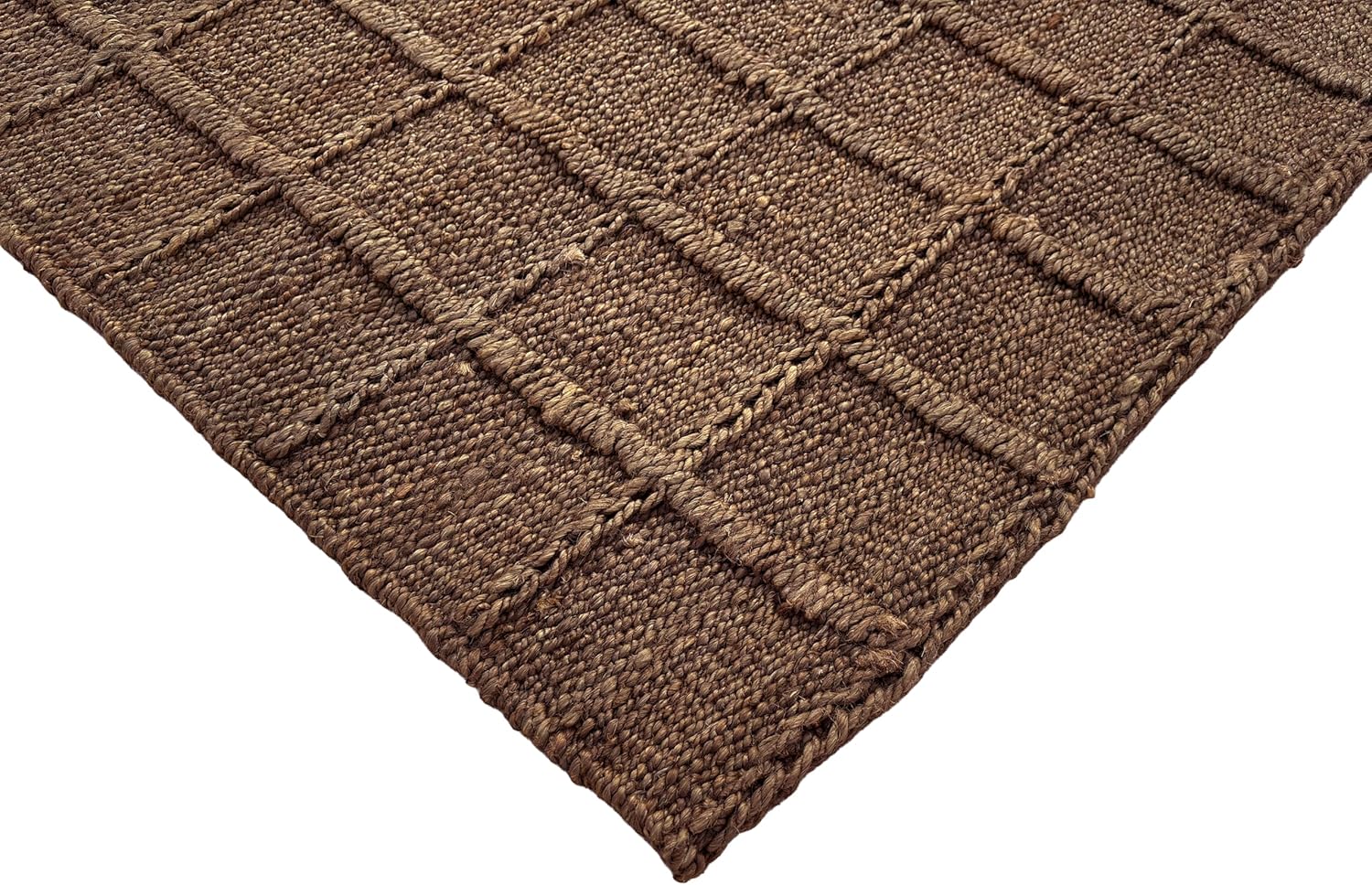 Block Grid Jute Area Rug, Brown, 3'x5' Checkered, Boho, Handwoven, Natural Fiber, for Living Room, Bed Room, Hallway, Kitchen