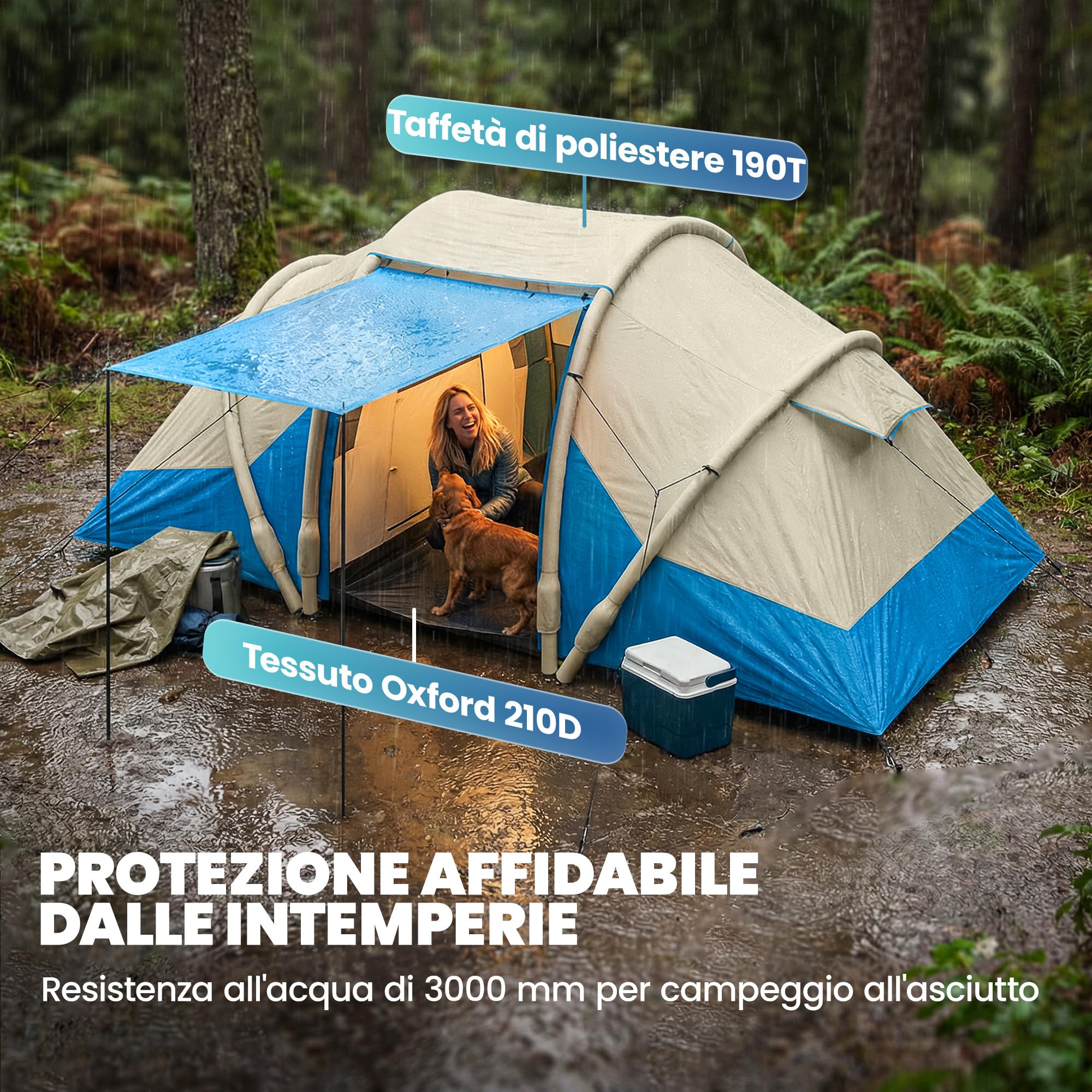 Outsunny Aufblasbares Campingzelt mit Luftpumpe, Campingzelt für 4 Personen, wasserdicht 3000 mm, mit 2 Schlafzimmern, Fenstern, Türen und Tragetasche, schnelle Montage, Blau