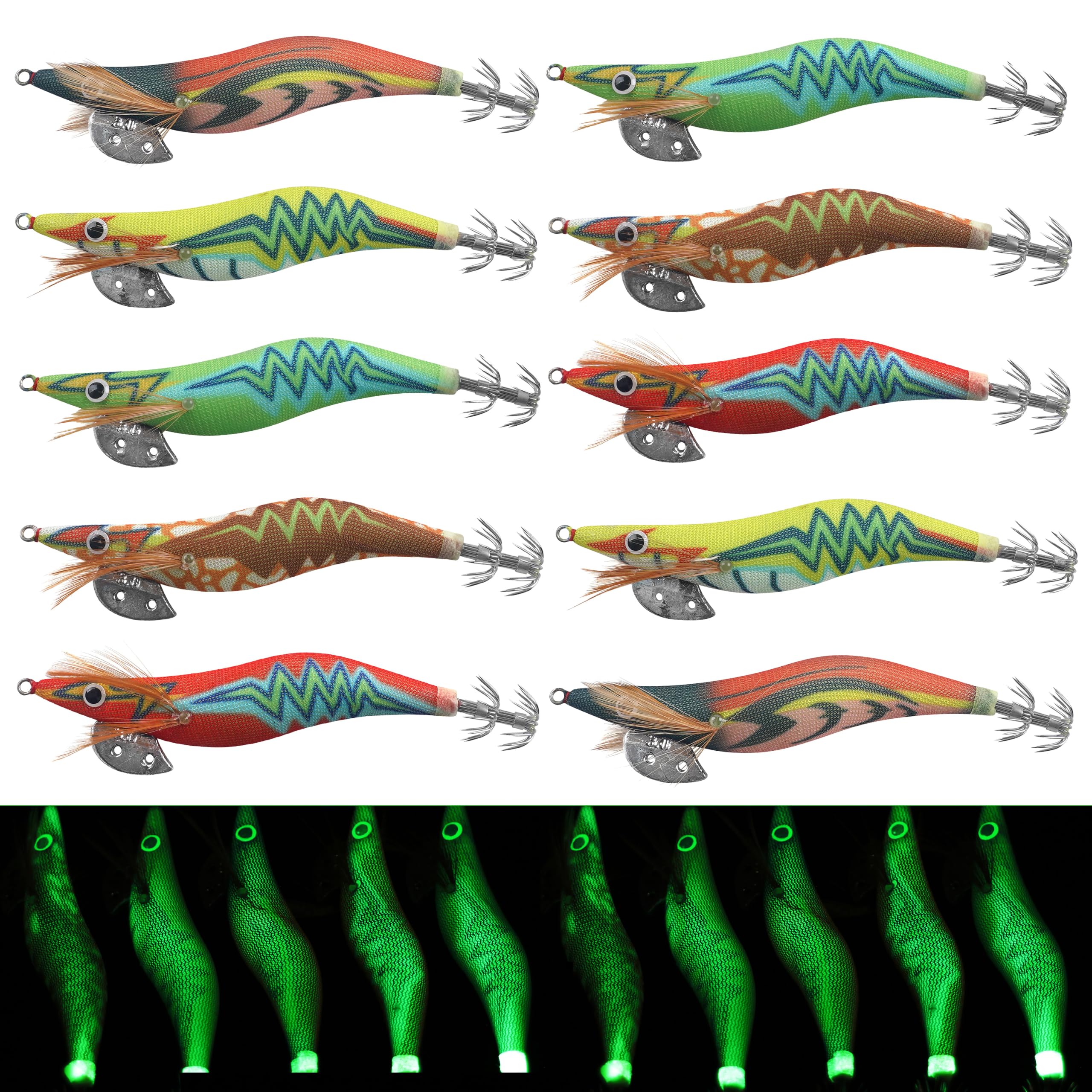Luminous Squid Jig Saltwater Fishing Lures, 5pcs/10pcs Glow Squid Shrimp Lures Fluorescent Squid Jigs Prawn Cuttlefish Sleeve Octopus Jigs Fishing Lures