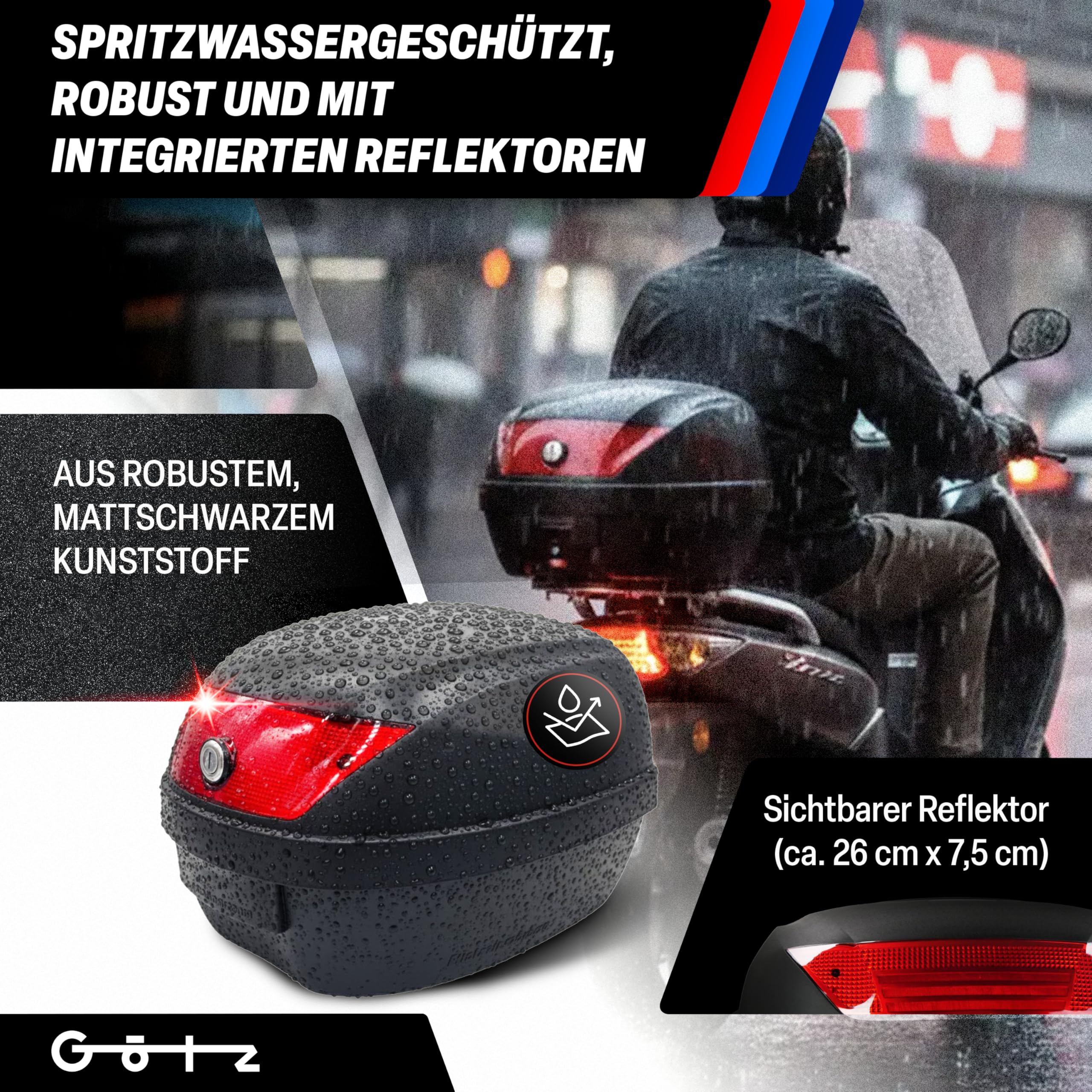 Götz Motorradkoffer 32 Liter, Top case universal, Helmkoffer für Roller, Motorrad, Mofa, Quad