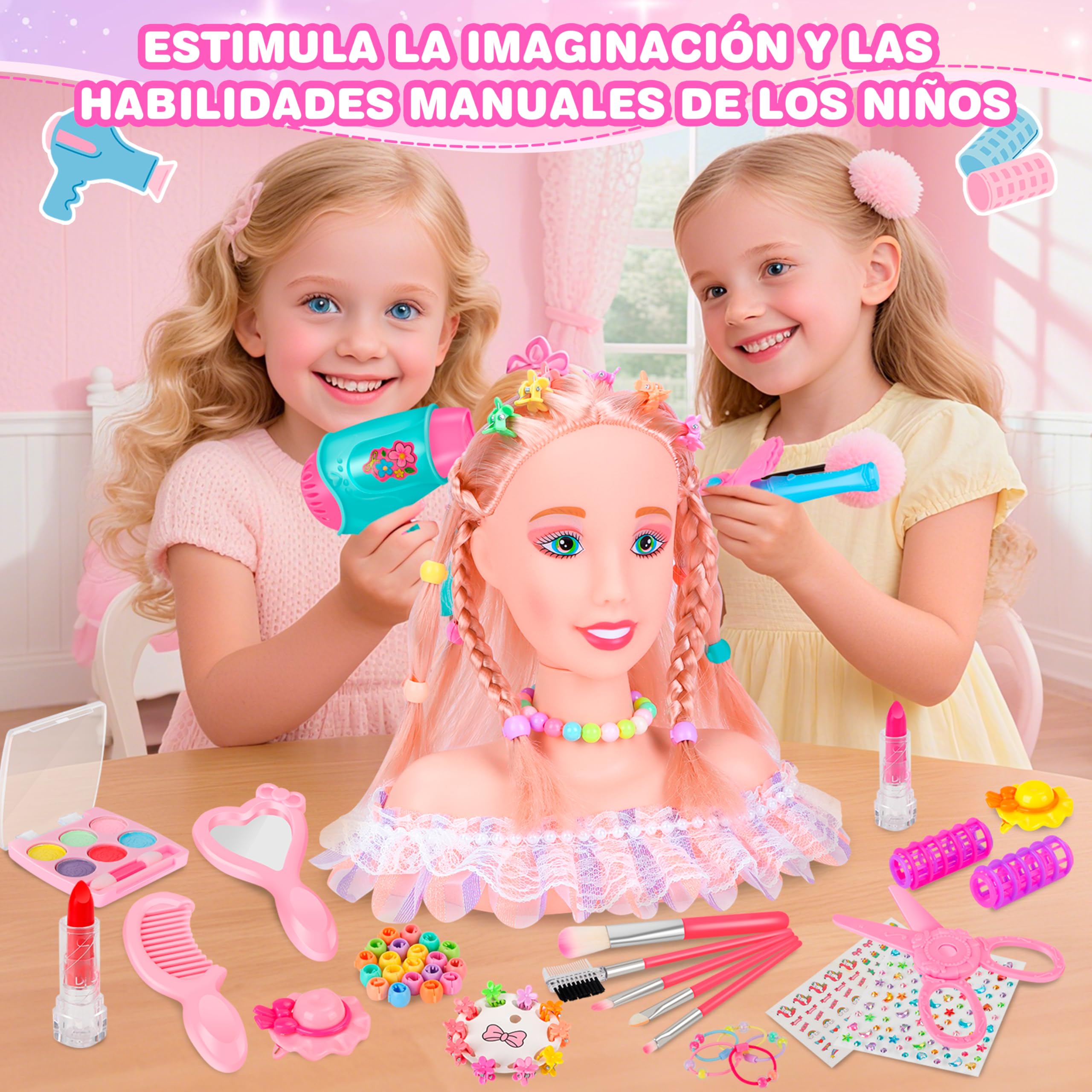 MOMOSTAR Cabeza Muñeca para Peinar y Maquillar, 58 Piezas Cabeza de Peluquería para Niños con Accesorios, Busto Muñeca Peinar y Maquillar para niña 3 4 5 6 Años Regalos Cumpleaños Navidad