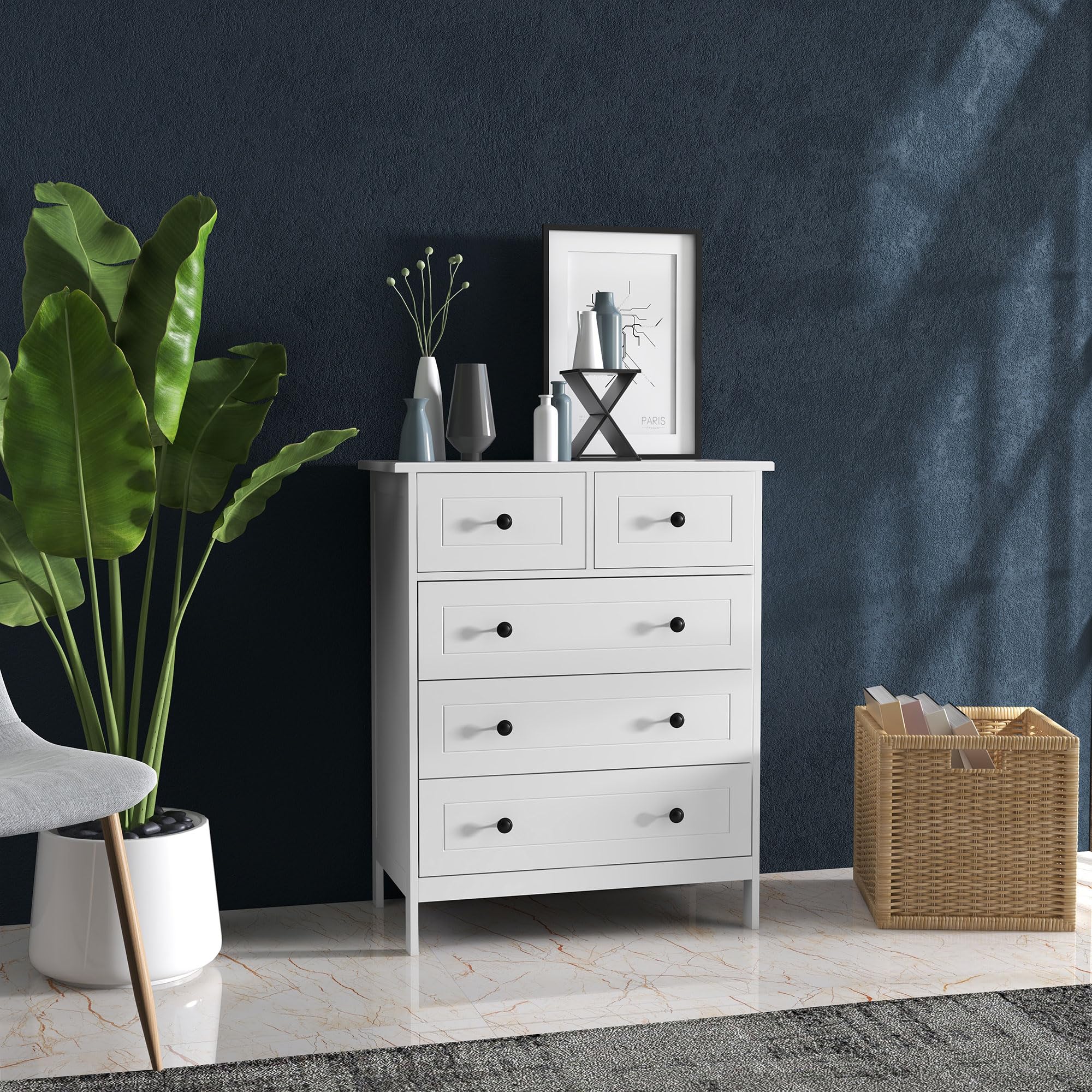 HOMCOM Cassettiera Camera da Letto, Cassettiera 5 Cassetti in Legno con Maniglie, Comò Salvaspazio e Antiribaltamento, per Soggiorno, Camera da Letto e Ingresso, 74x40x91cm, Bianco
