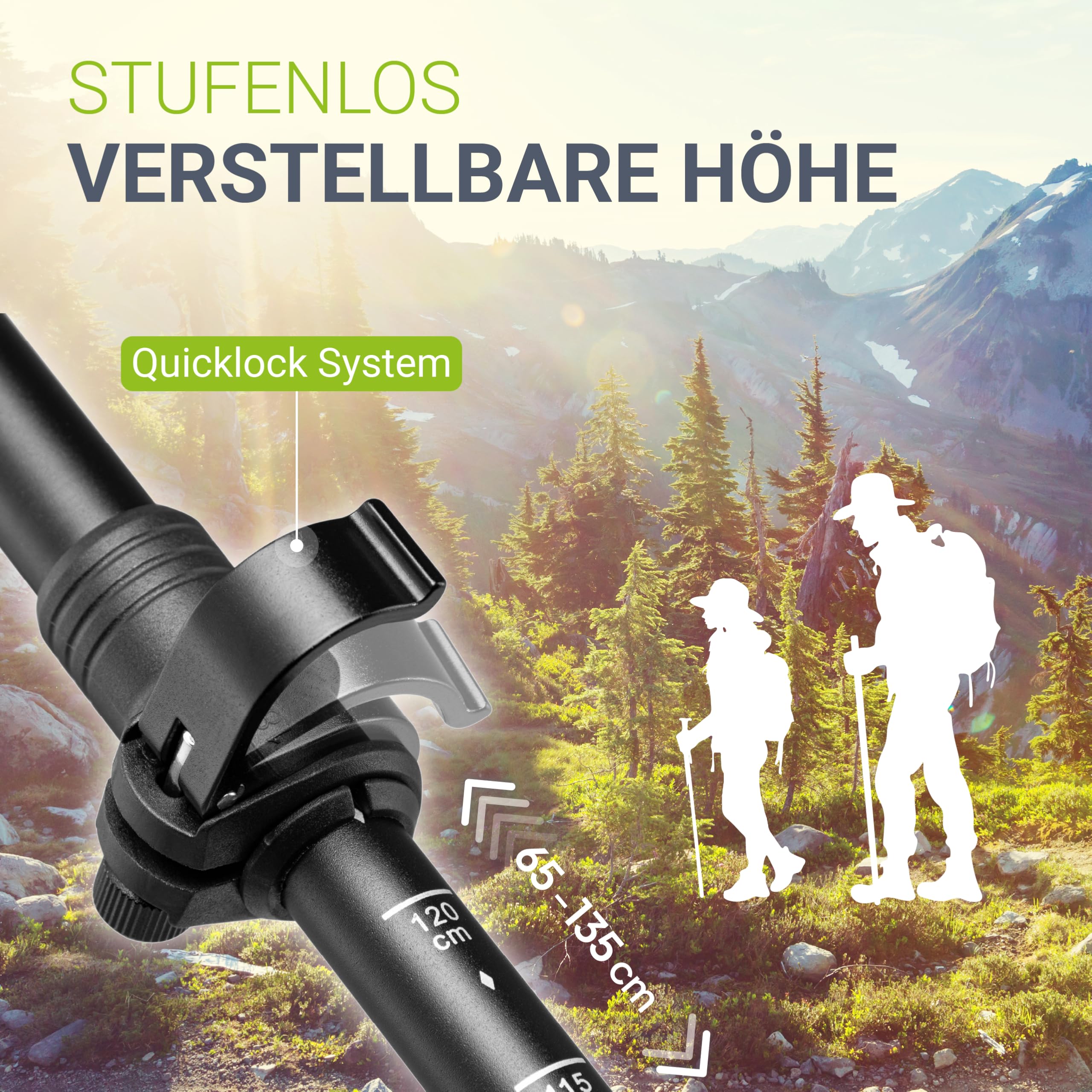 JUSKYS® Wanderstöcke - 2 Alu Teleskop Nordic Walking Stöcke, leicht & ausziehbar, Damen & Herren, mit Gummipuffer & Tasche, Kork Griff - Schwarz