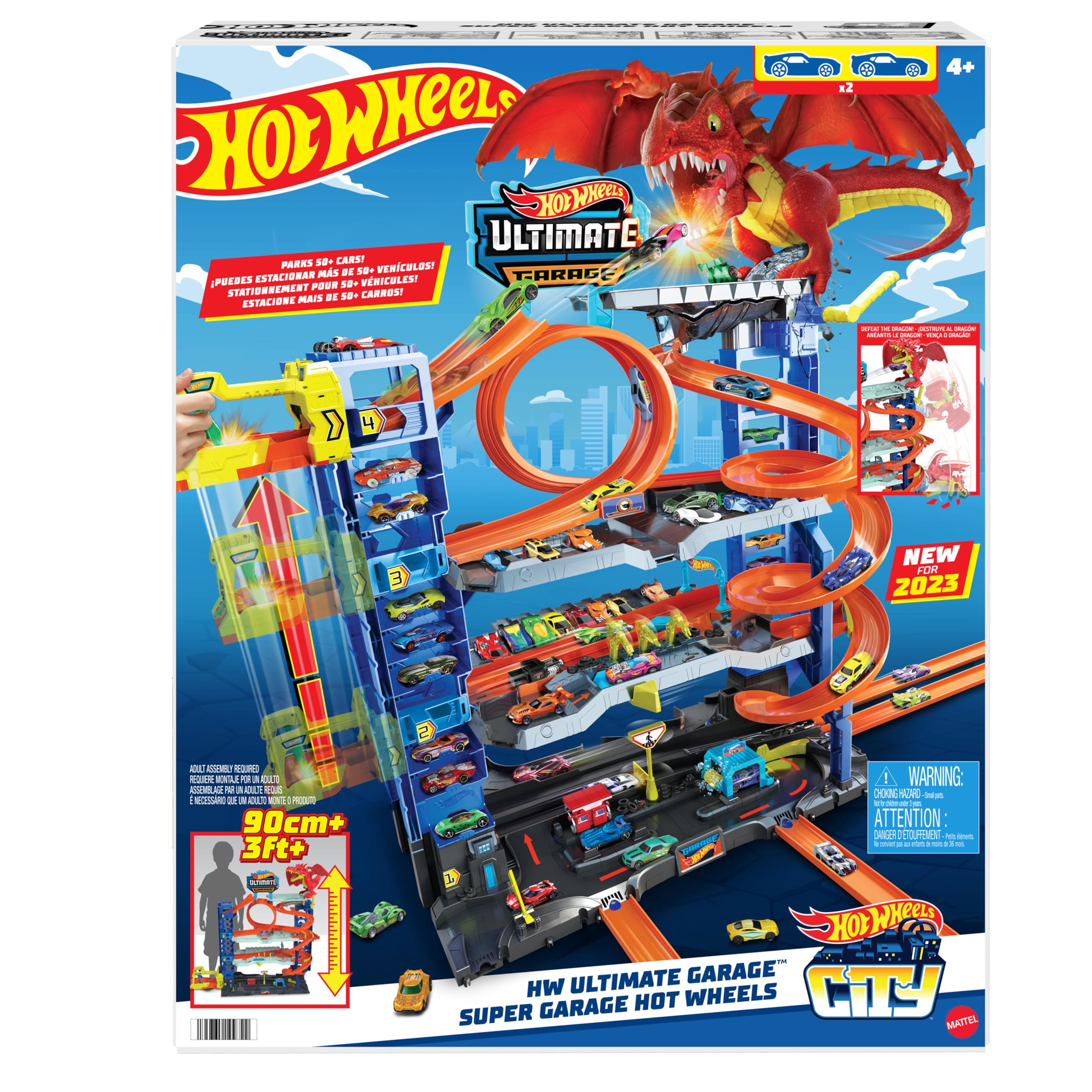 Hot Wheels Let's Race Netflix - Ultimative Garage - Mehrere Ebenen Parkgarage, 3ft hoch, mit 2 Die-Cast-Autos, ab 5 Jahren, Rennspaß, Stunt-Abenteuer, Drachenkampf, Autowaschanlage, Fahrstuhl, HKX48