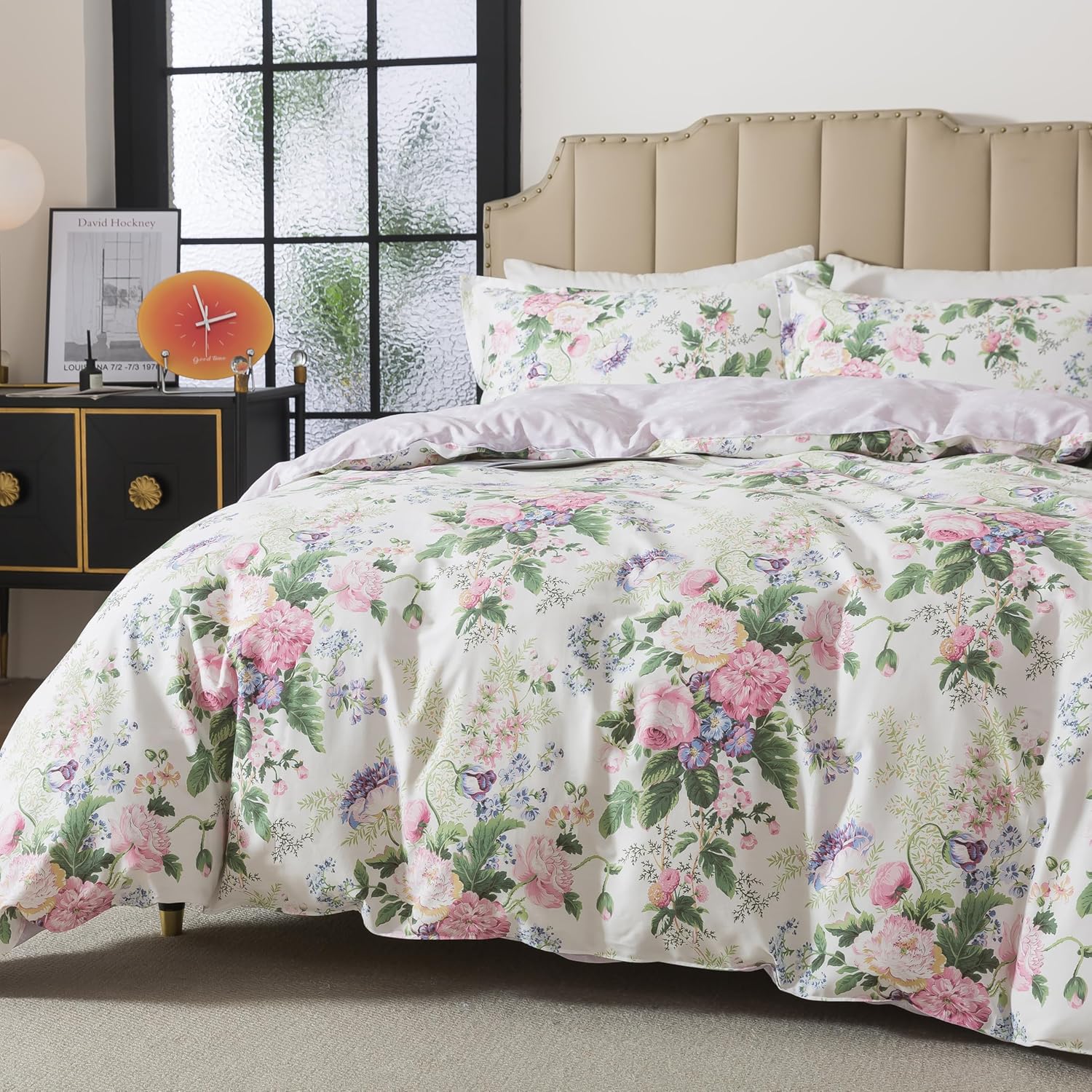 Lemfux Romantic Pink Floral Duvet Cover Set King, 100% Cotton Shabby Chic Rose Bedding, 3pc Vintage French Garden Reversible Comforter Cover, Soft & Breathable (104"x90")