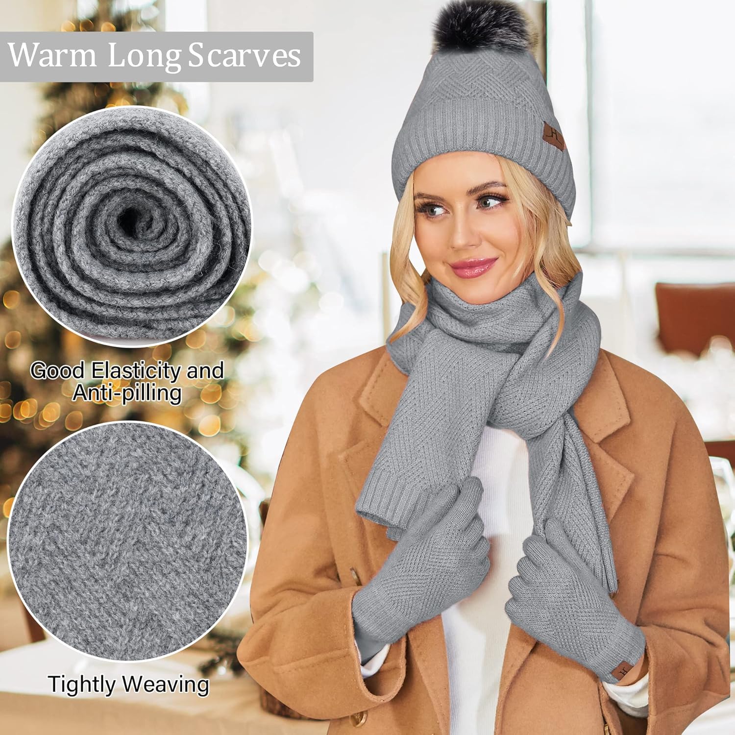 Womens Winter Warm Knit Beanie Hat Long Scarf Touchscreen Gloves Set with Fleece Lined Pom Skull Cap Gifts for Women - Image 4