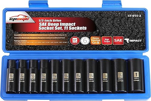 Miniatura 2 de EPAuto Juego de llaves de vaso SAE de impacto profundo de 1/2 pulgada, Cr-V, 6 puntos, 11 enchufes + 4 adaptadores de enchufe de impacto y juego
