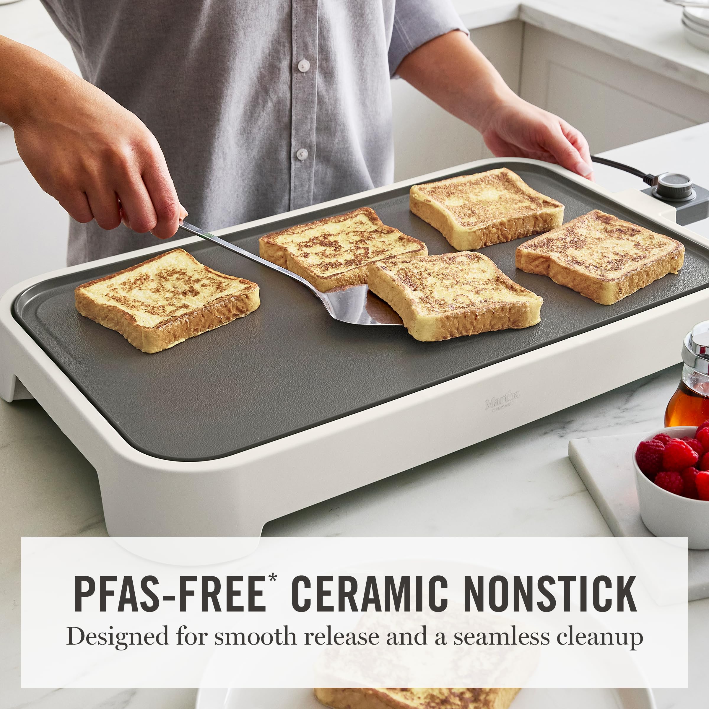 Martha Stewart 12” x 22” Electric Griddle, XL Ceramic Nonstick Flat Top Cooking Surface, Adjustable Temperature Dial, Drip Tray, Dishwasher Safe, 1500W Fast Even Heating, Pancakes & Eggs, Linen White - 5