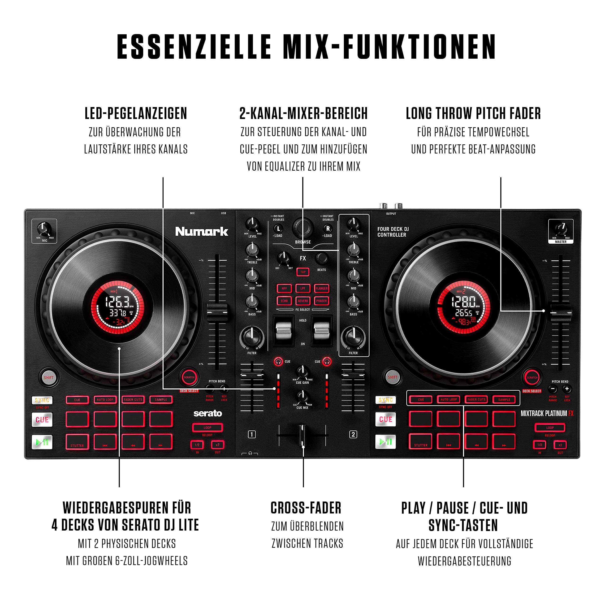 Numark Mixtrack Platinum FX + SoundSwitch Micro DMX Schnittstelle – DJ-Controller für Serato DJ mit 4-Deck Kontrolle + USB-zu-DMX-Interface mit 3 Monaten freiem SoundSwitch-Software-Zugriff