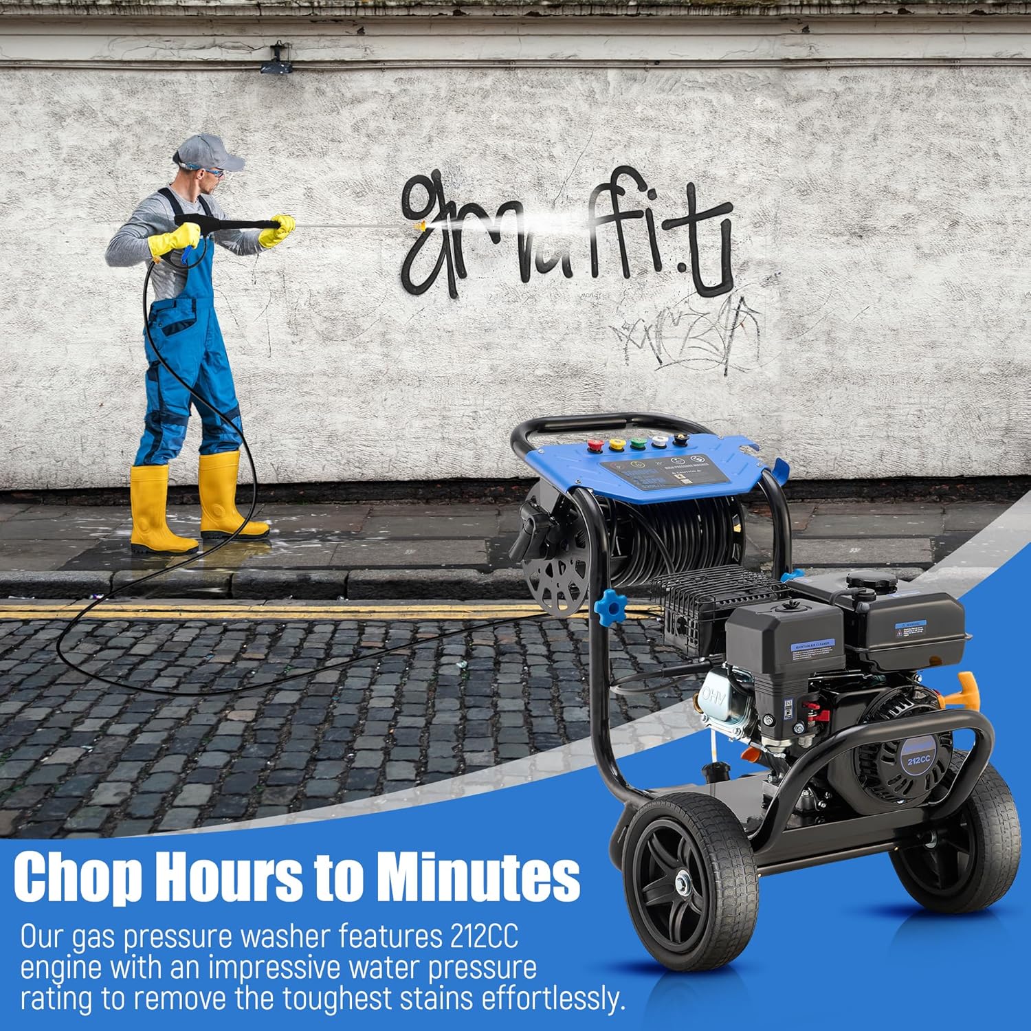 Gas Pressure Washer 3600 PSI with Hose Reel, 2.3 GPM Heavy Duty High Power Washer, 212CC Engine with 30FT Hose, Axial Aluminum Pump, Soap Tank, Spray Gun and Wand, 5 Quick Connect Nozzle (Blue)