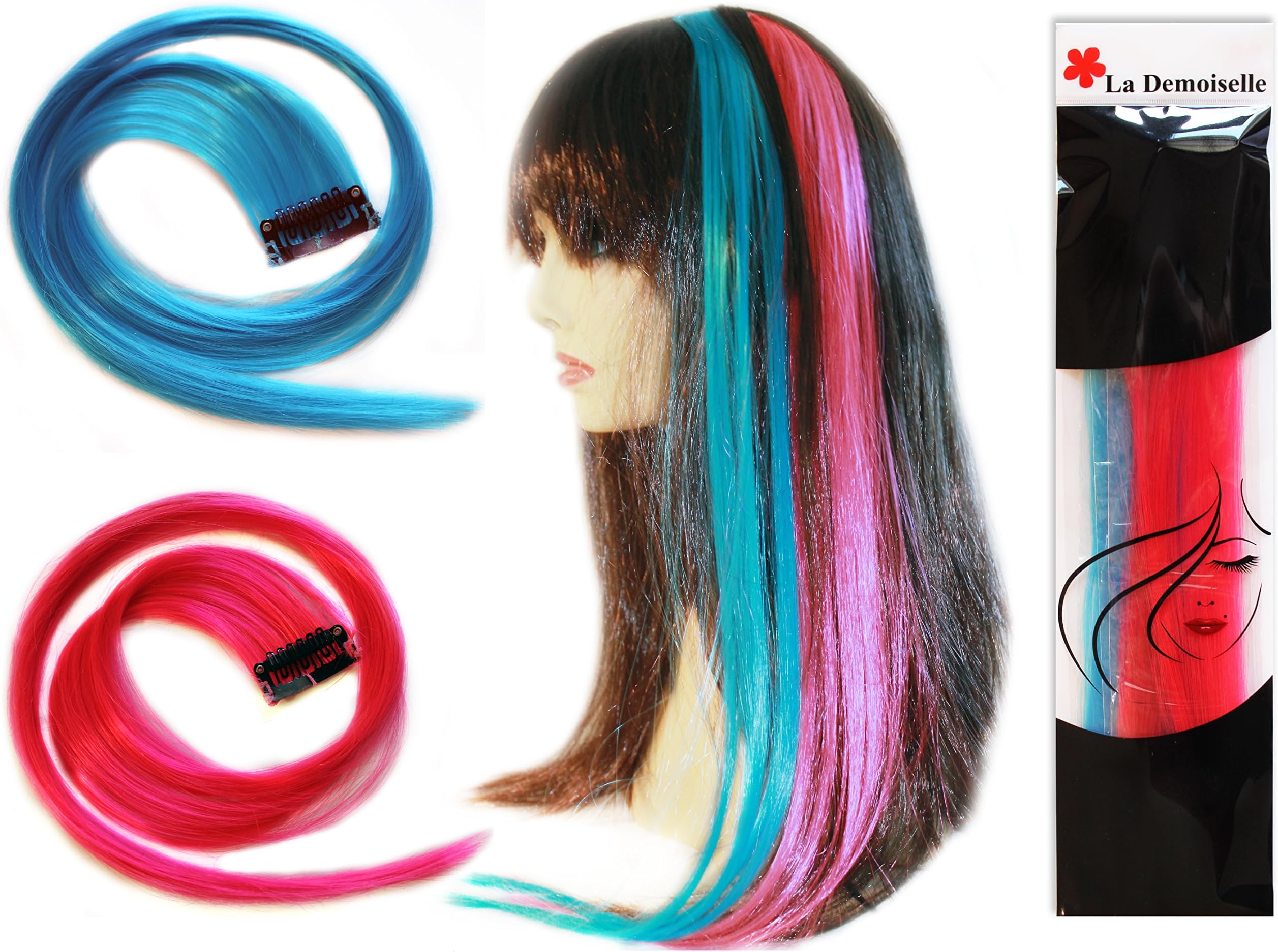 2 x 22" Clip-in Straight Hair Extensions (Pink & Turquoise) HighLight