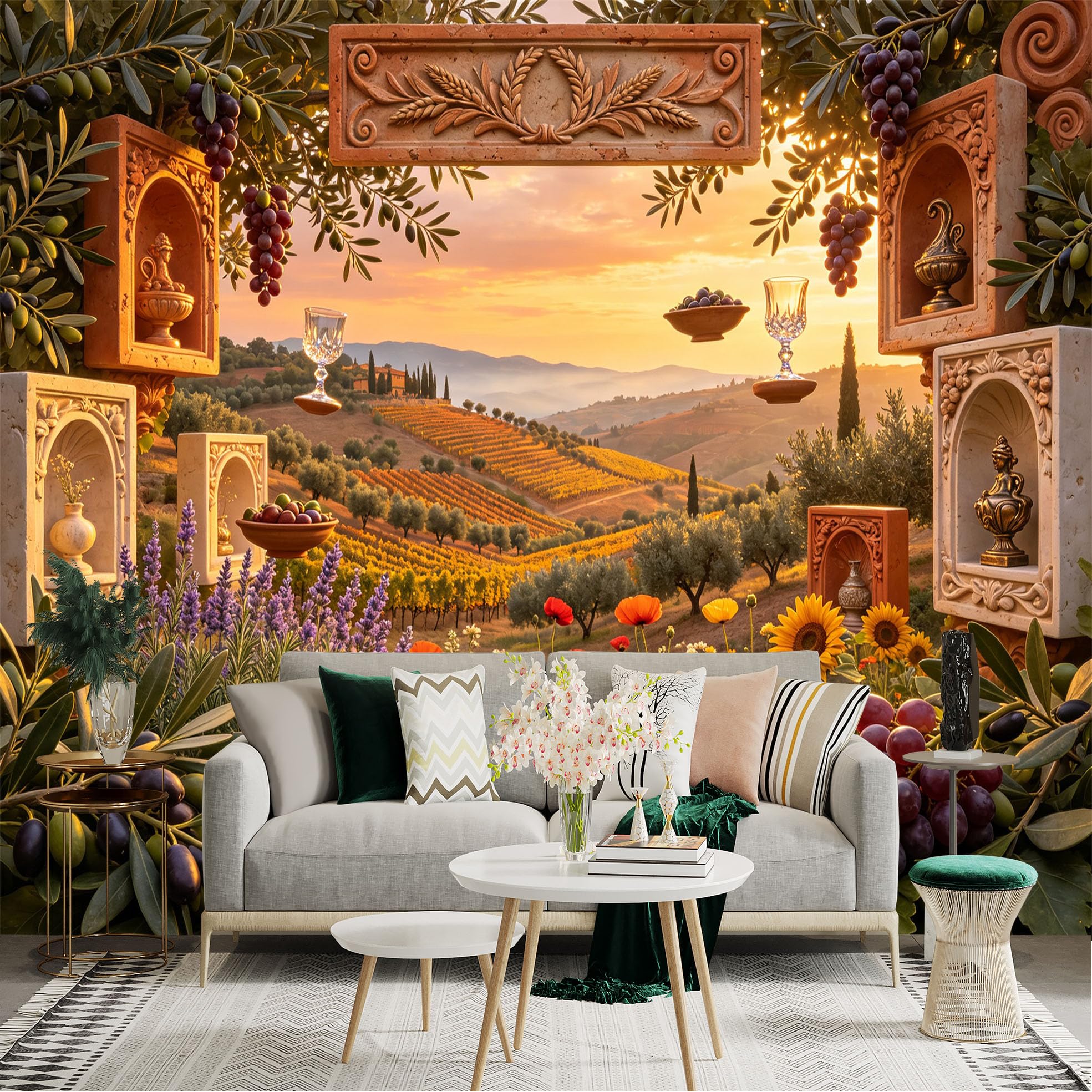 Lnzczhyre Bh260719198 Custom Size Wall Sticker Mural， Mediterranean Vineyard Landscape， Olive Branches With Grapes， Sunlit Wine Country View， For Wall Decoration， Peelandstick Wall Decals.