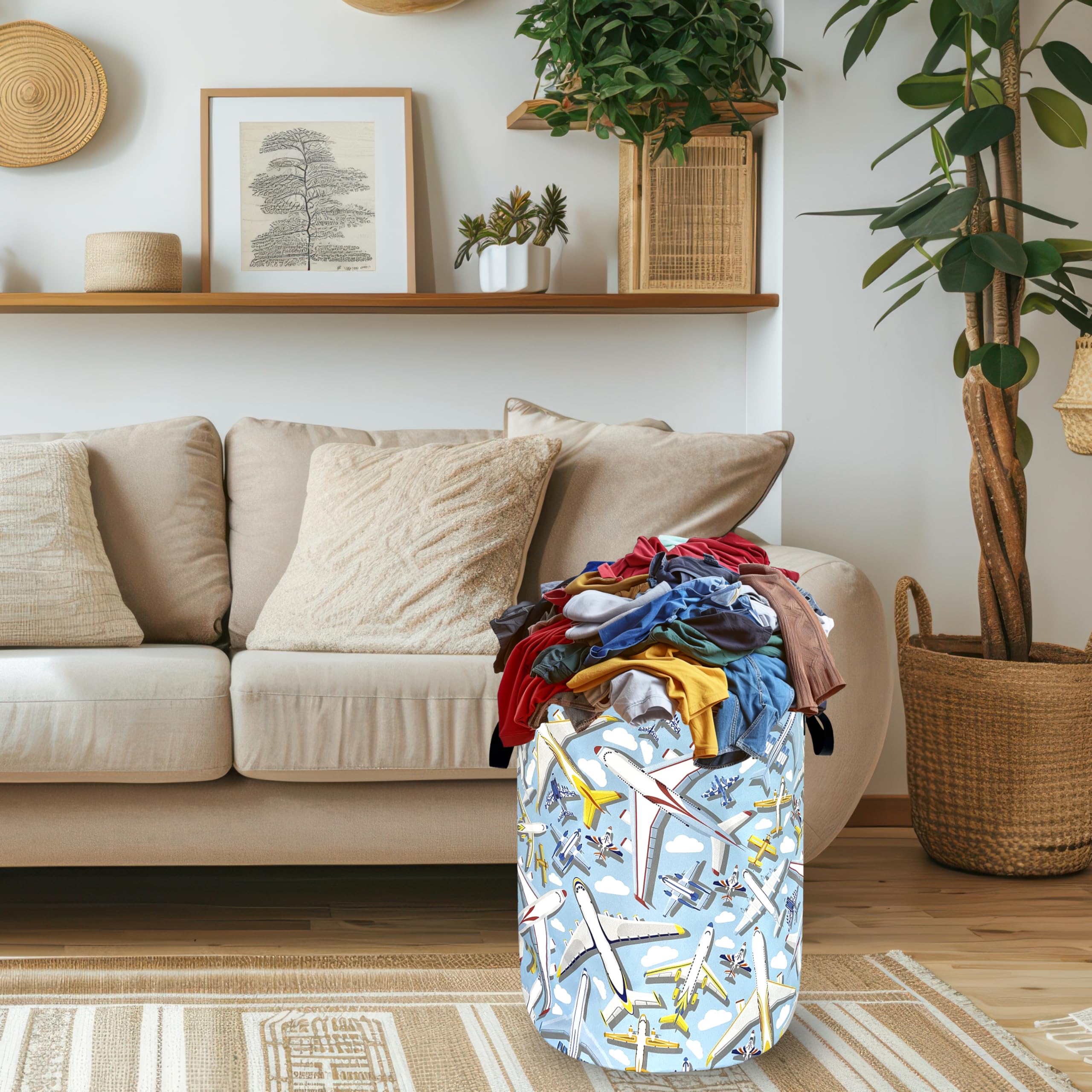 Cartoon Plane Laundry Basket Foldable Funny Laundry Hamper With Handle Oxford Cloth Portable Clothes Storage Organizer Basket 18.9