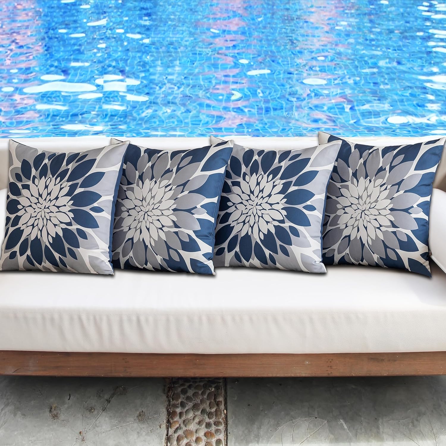 Qahing Pack of 4 Outdoor Waterproof Pillow Covers 24x24 Decorative Outdoor Throw Pillows Garden Square Cases for Patio Furniture, Couch, Tent Sunbrella, Bench, Blue Grey