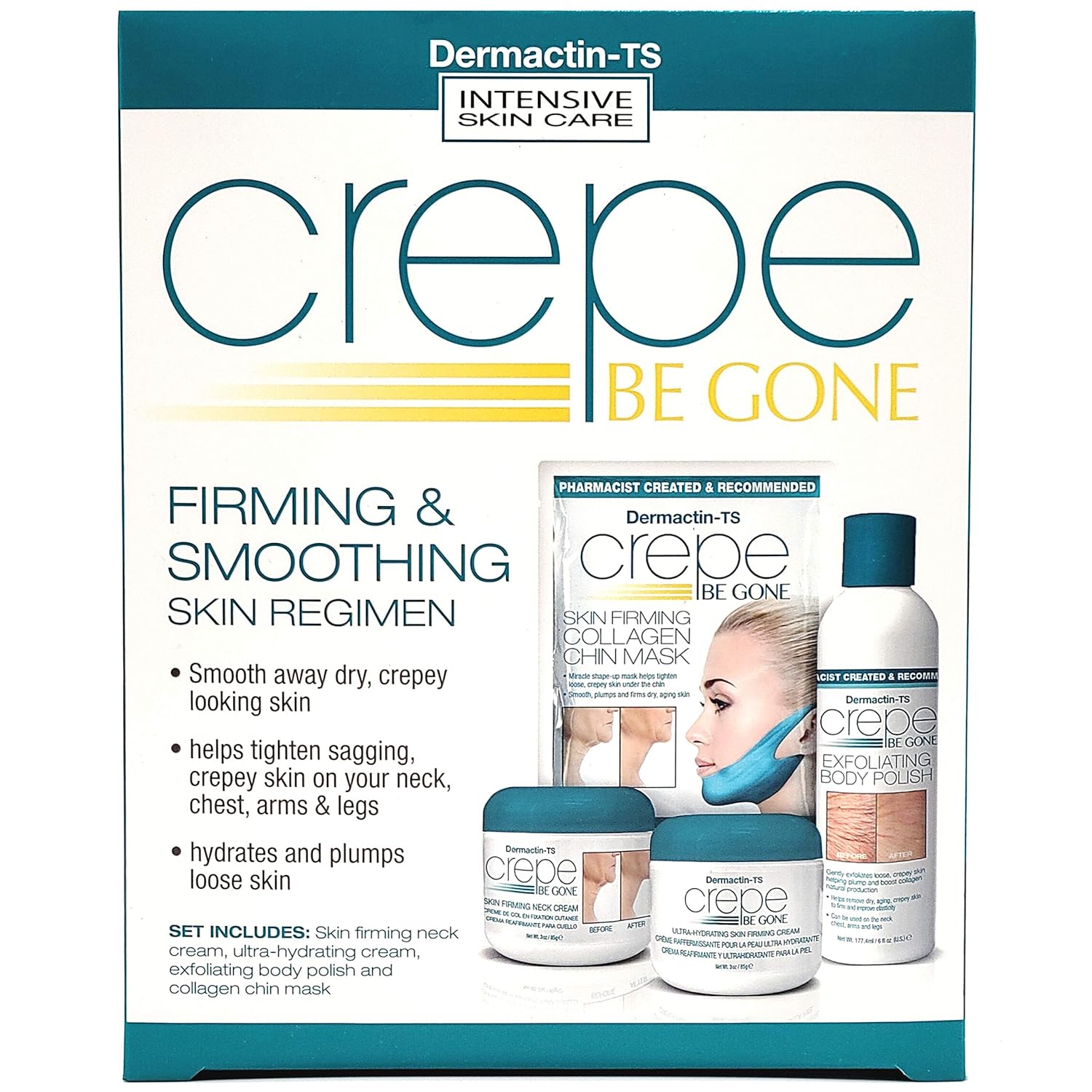 Dermactin-TS Crepe Be Gone Firming & Smoothing Skin Regimen 4-PC Set – Includes Skin Firming Neck Cream, Hydrating Skin Firming Soufle, Exfoliating Body Polish & Collagen Chin Mask Dermactin-TS Crepe Be Gone Firming & Smoothing Skin Regimen 4-PC Set – Includes Skin Firming Neck Cream, Hydrating Skin Firming Soufle, Exfoliating Body Polish & Collagen Chin Mask