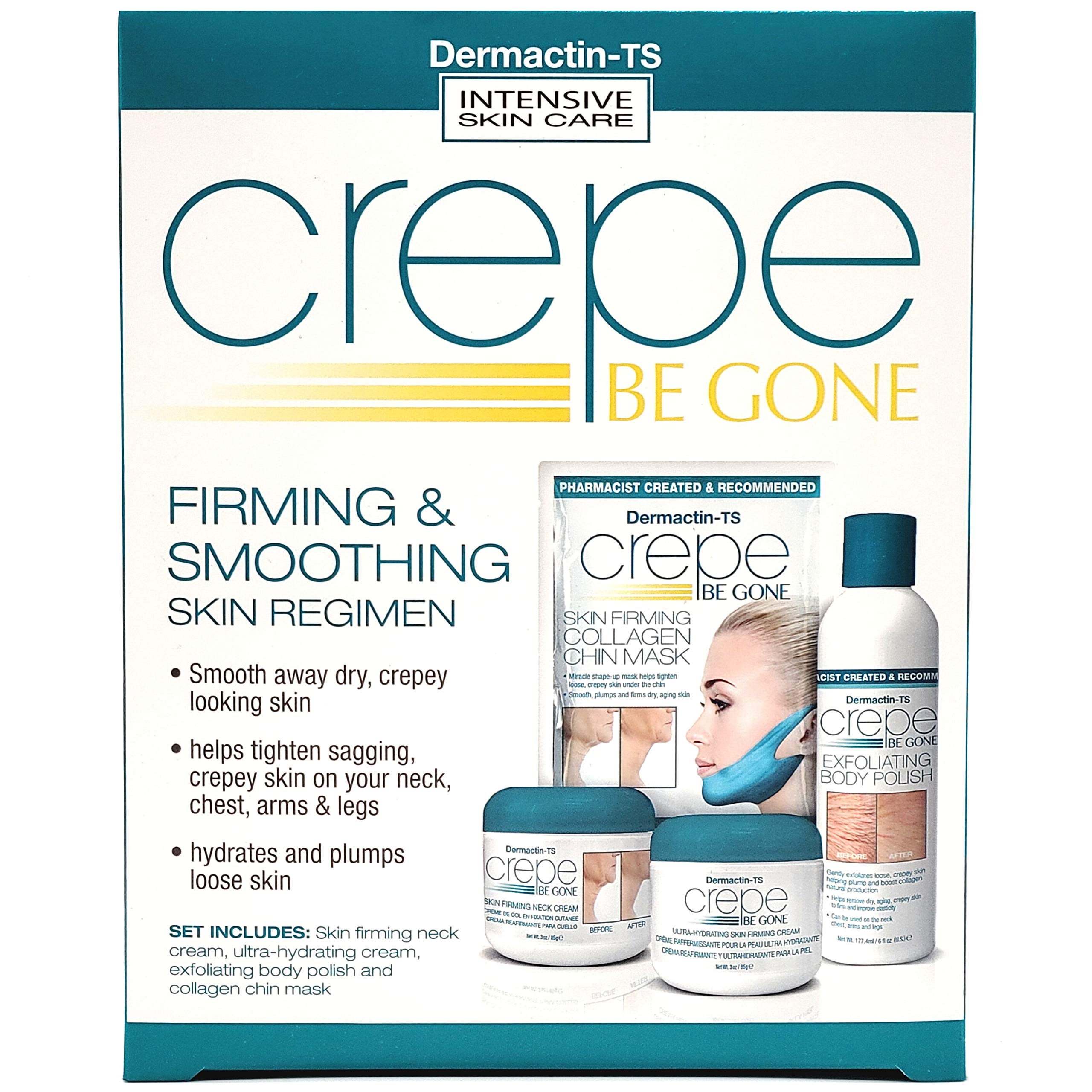 Crepe Be Gone Firming & Smoothing Skin Regimen 4-PC Set - Includes Skin Firming Neck Cream, Hydrating Skin Firming Soufle, Exfoliating Body Polish & Collagen Chin Mask