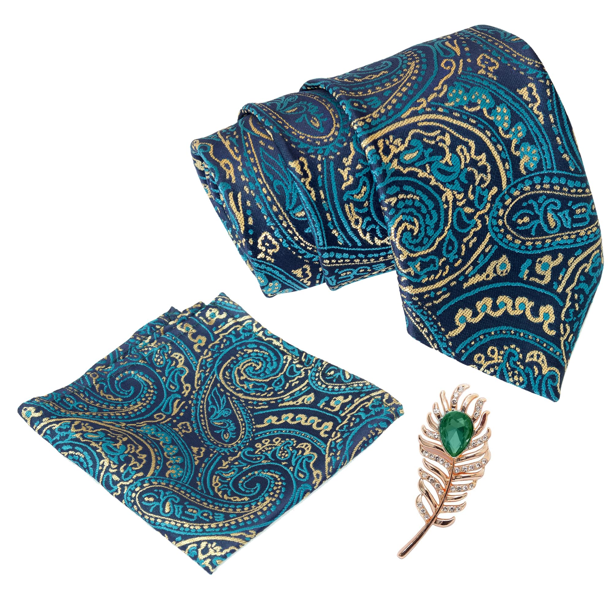 vibhavari Men's Micro Polyester Green Paisley Necktie Set with Pocket Square and Lapel Pin (Green, Free Size)-picture-12
