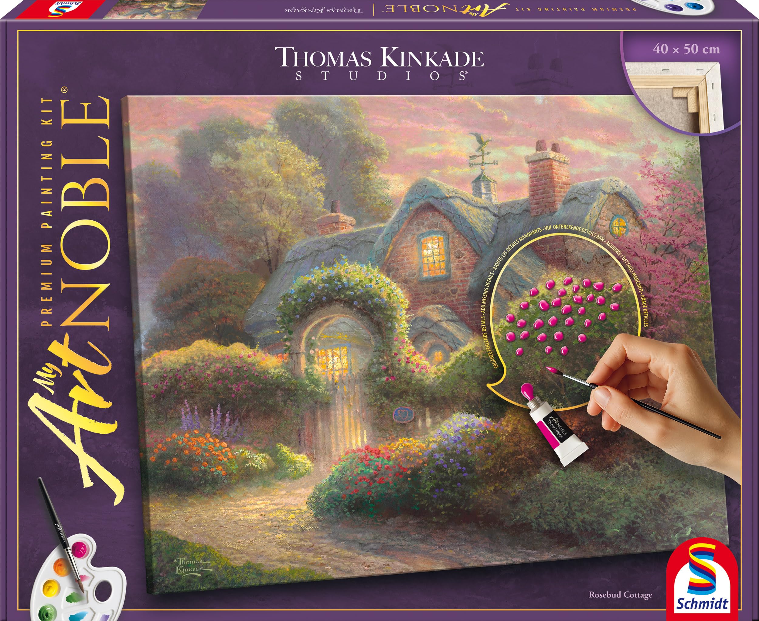 Rosebud Cottage： My Artnoble® Thomas Kinkade | Premium-Malset mit vorgedruckter Leinwand und Acrylfarben