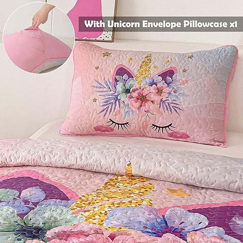 Miniatura 4 de Juego de edredón de 2 piezas de unicornio rosa melocotón para niños, juego de ropa de cama tamaño individual para niñas y niños, juego de edredón