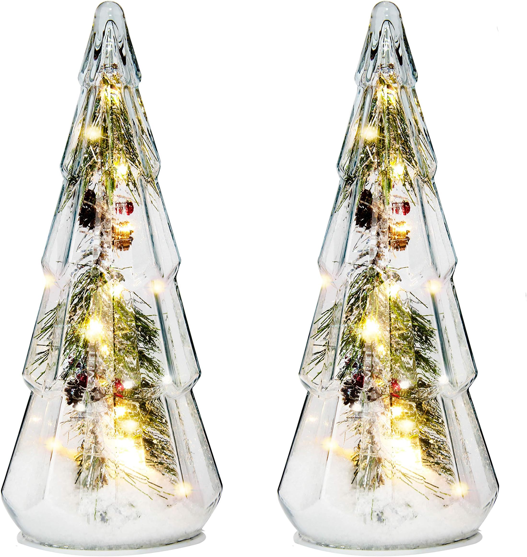 Costyleen2PCS Christmas Ornaments Set Tower Shaped Glass Xmas Tree Artificial Snow Decoration with LED Lights Home Table Decor Festive Gift 15in Multi