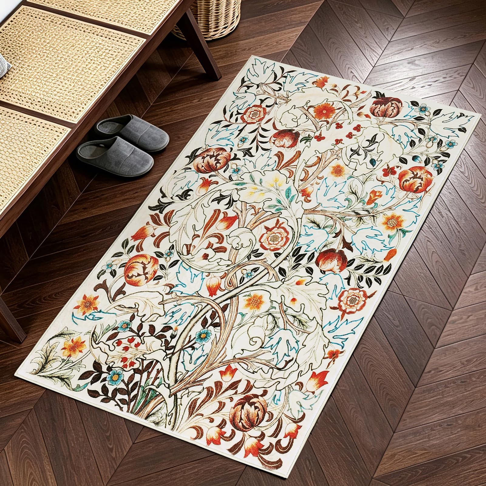Obal Washable Rugs 80x150cm Bedroom, William Morris Acanthus Vintage Carpet, Beige Cream Non Slip Low Pile Bedside Rug, Soft Faux Wool Machine Washable Floral Rug for Hallway — image 1