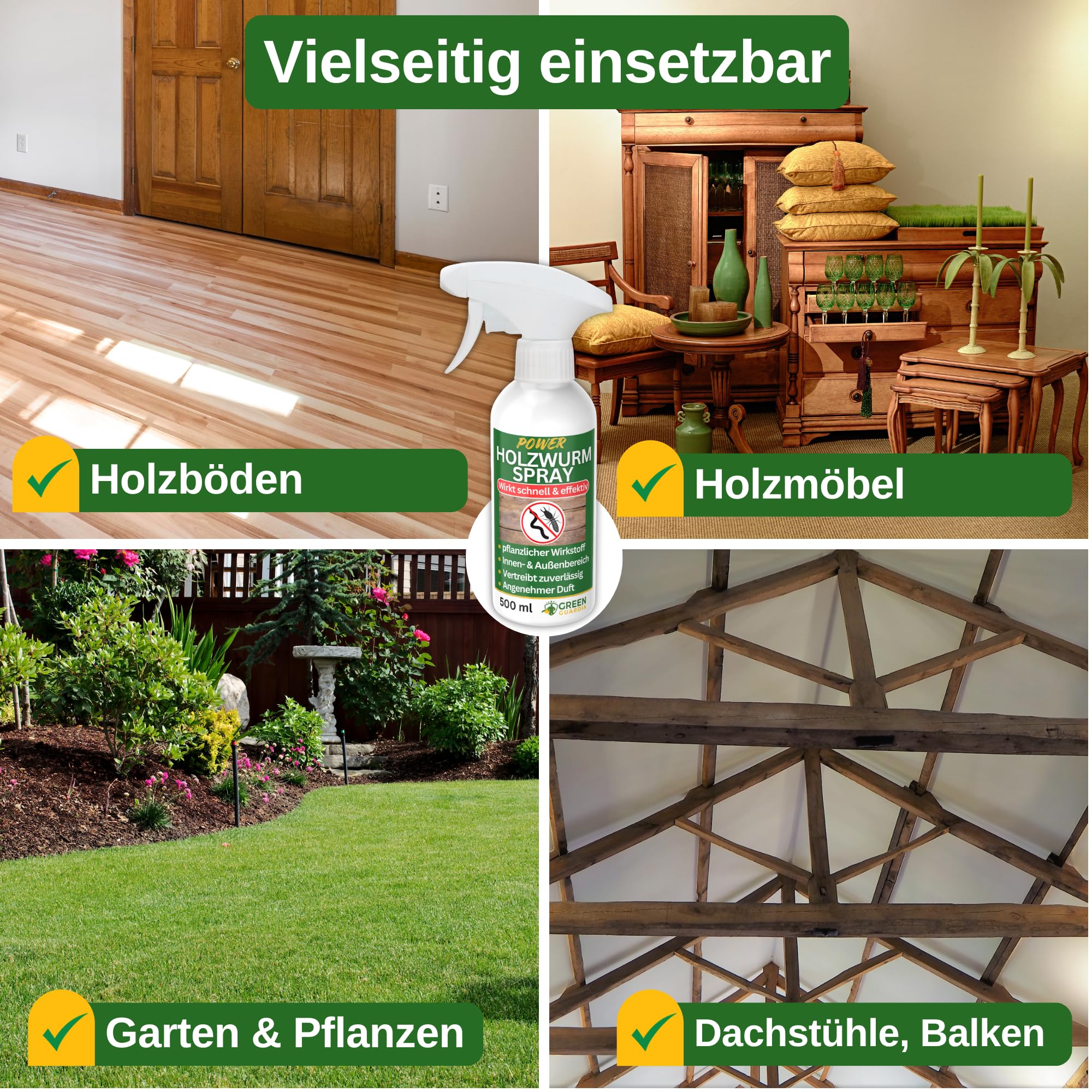 GREEN GUARDIA Holzwurm Abwehrspray 500 ml - Sprühfertiges Konzentrat mit Langzeitwirkung gegen Holzbock & Holzwurm - Mittel gegen Holzwürmer für innen - Effektives Holzwurmmittel & Holzwurmschutz