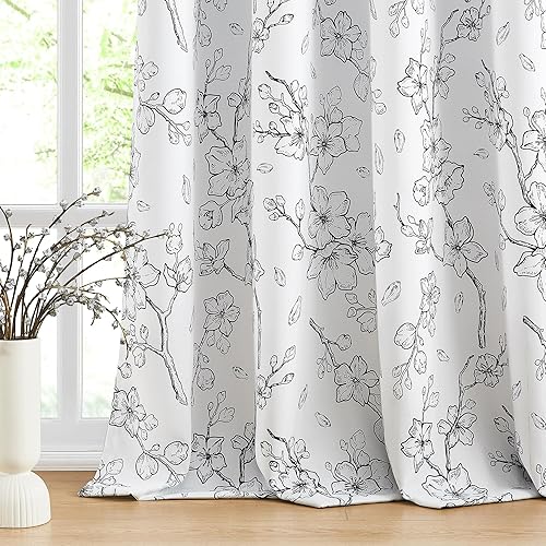 GEOMORRONCCAN - Cortinas 100% opacas de 96 pulgadas de largo para dormitorio, sala de estar, patrón floral negro, aislamiento térmico, ojales en la
