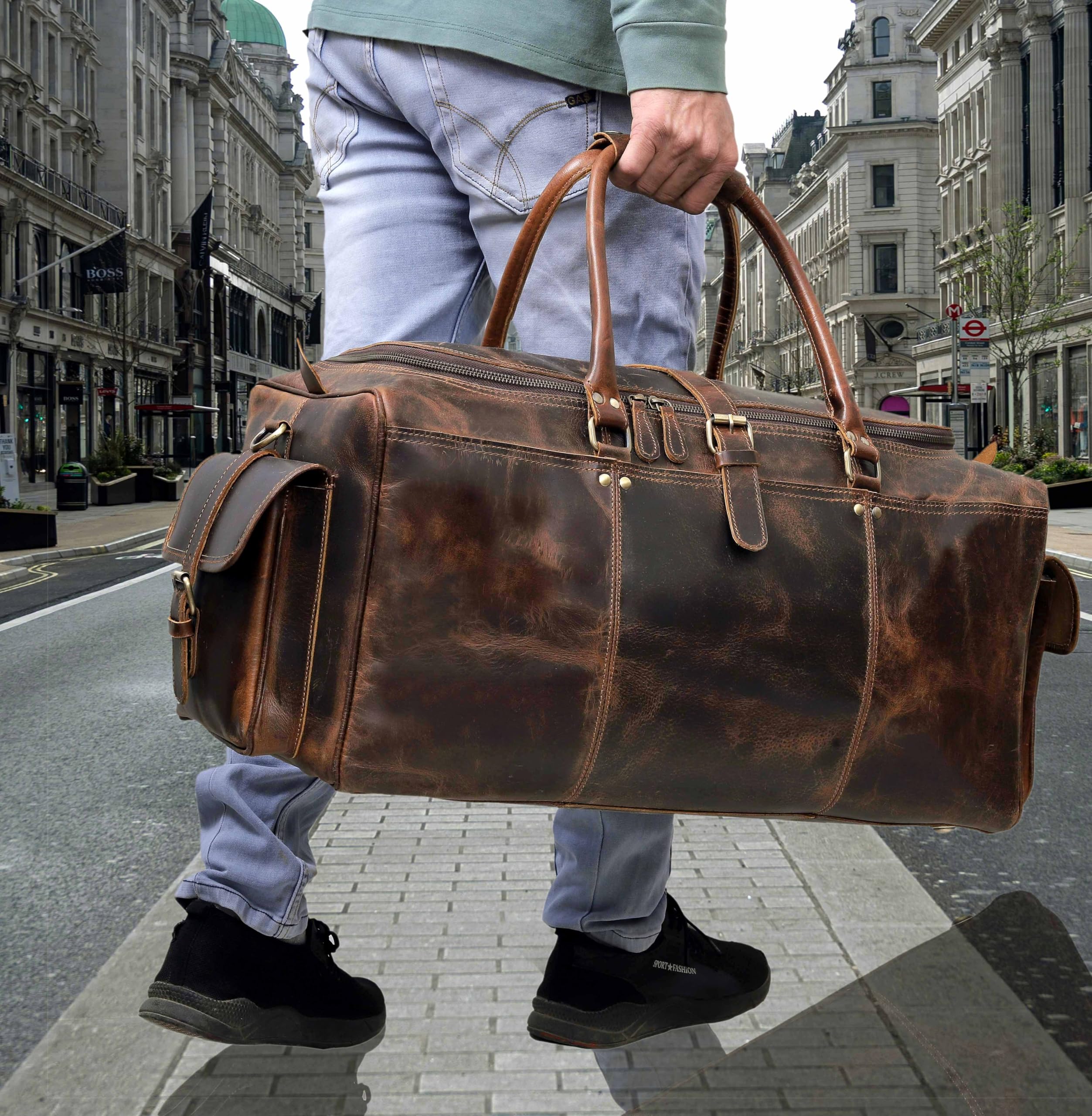 Leder Reisetasche für Männer | Wochenendübernachtungstasche | Geräumiges Hauptfach, Verstellbarer Riemen | Premium-Lederhandwerk | Große Größe von 22 x 11 x 11 Zoll