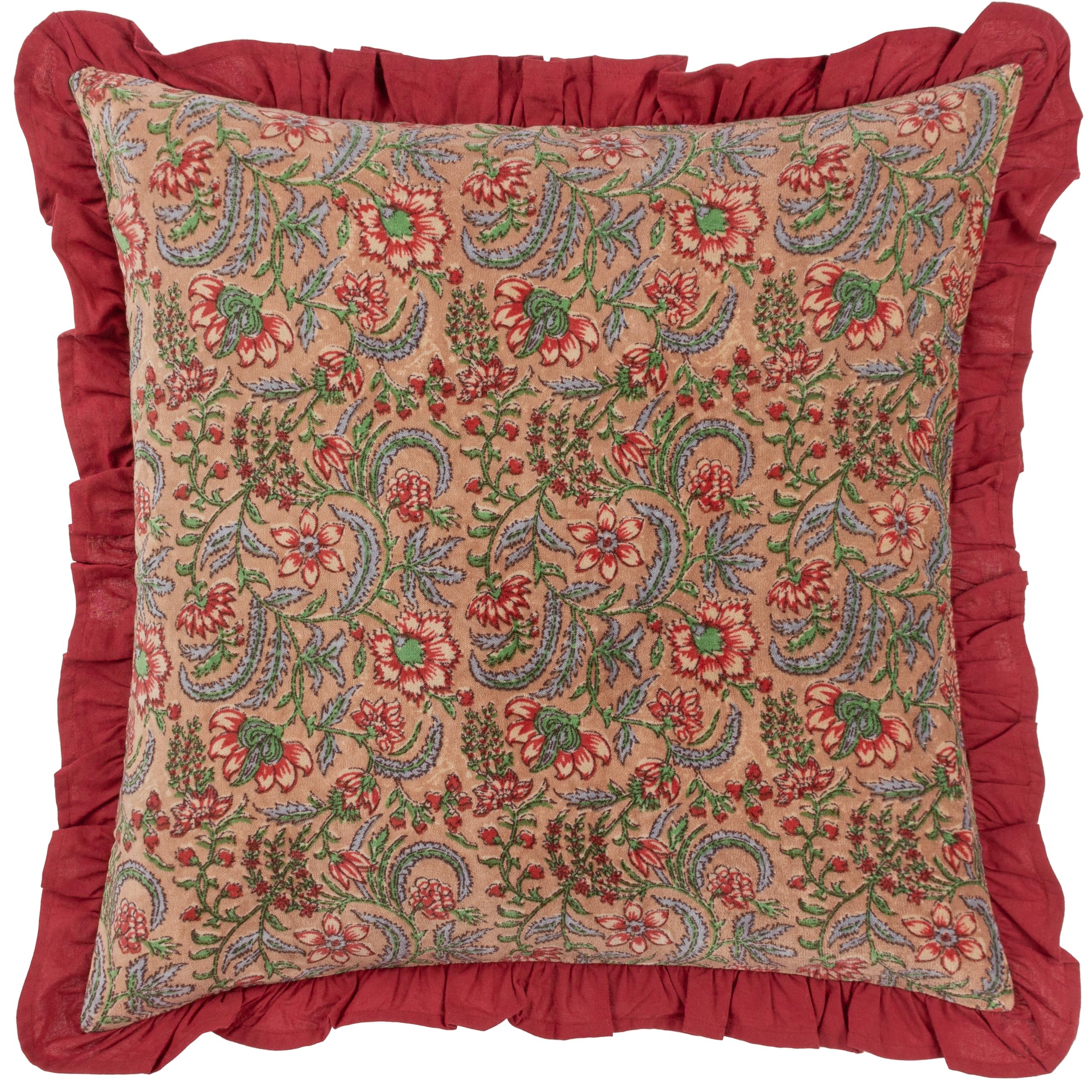 Paoletti Haven Cushion Cover – Luxury Cotton Velvet Floral Block Print Ruffle Trim Decorative Case (Blushing Rose – 50x50cm)