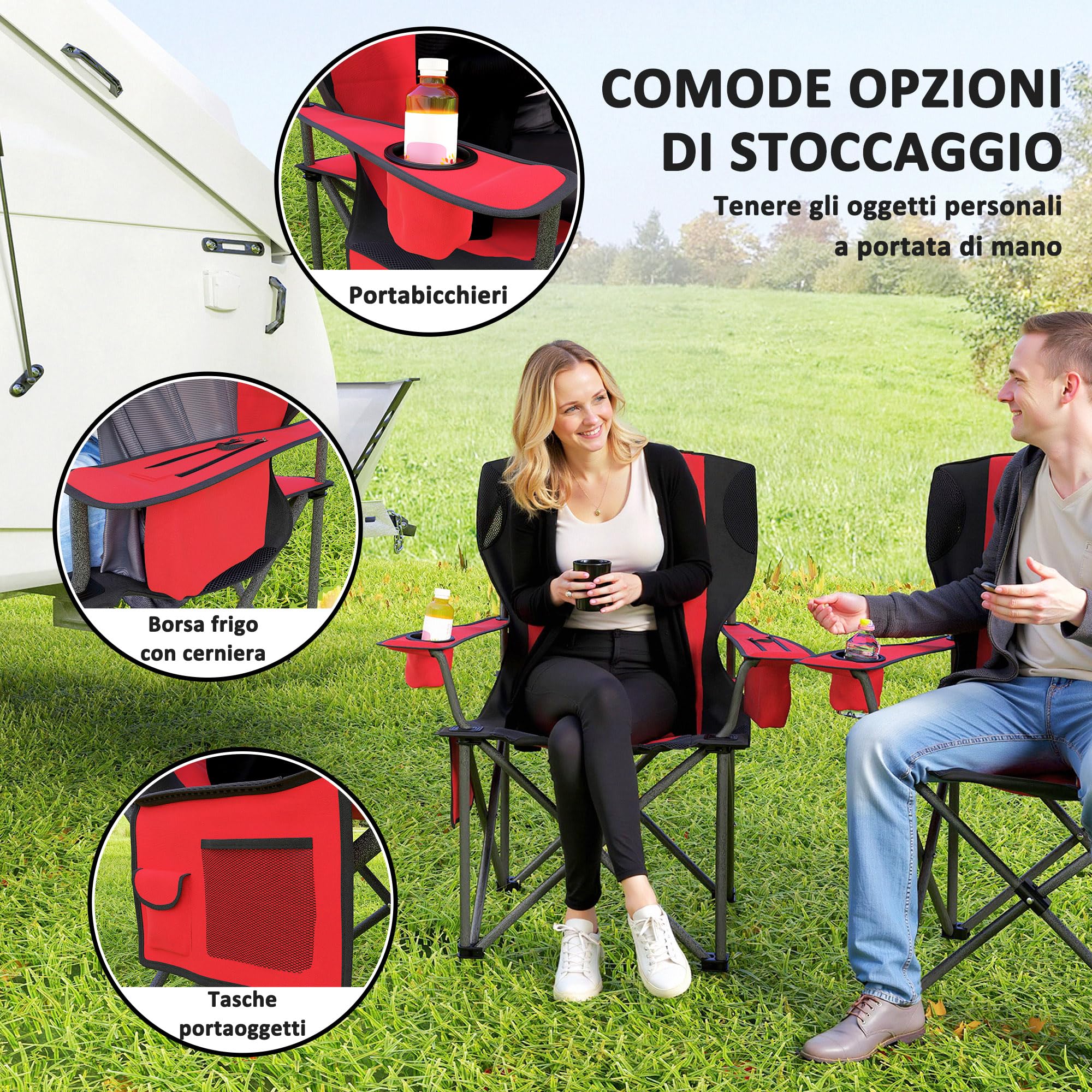 Outsunny Set 2 Sedie da Campeggio Pieghevoli con Borsa Frigo, Portabicchieri, Poggiatesta e 2 Tasche, Sedie da Giardino in Tessuto Oxford e Metallo, Portata Fino a 120 kg, 94x62x100 cm, Rosso