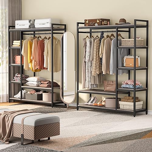 Miniatura 4 de LITTLE TREE Organizador de armario independiente armario de ropa resistente perchero portátil con estantes de 6 niveles y barra para colgar marco de