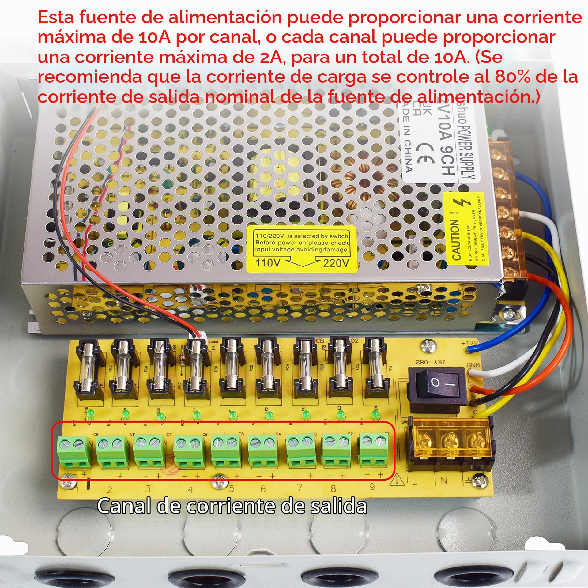 Fuente de Alimentación 12V 10A 9 Canales, Caja de Distribución CCTV para Cámaras de Seguridad, Protección contra Sobrecarga, Montaje en Pared, para Sistemas de Vigilancia y LED
