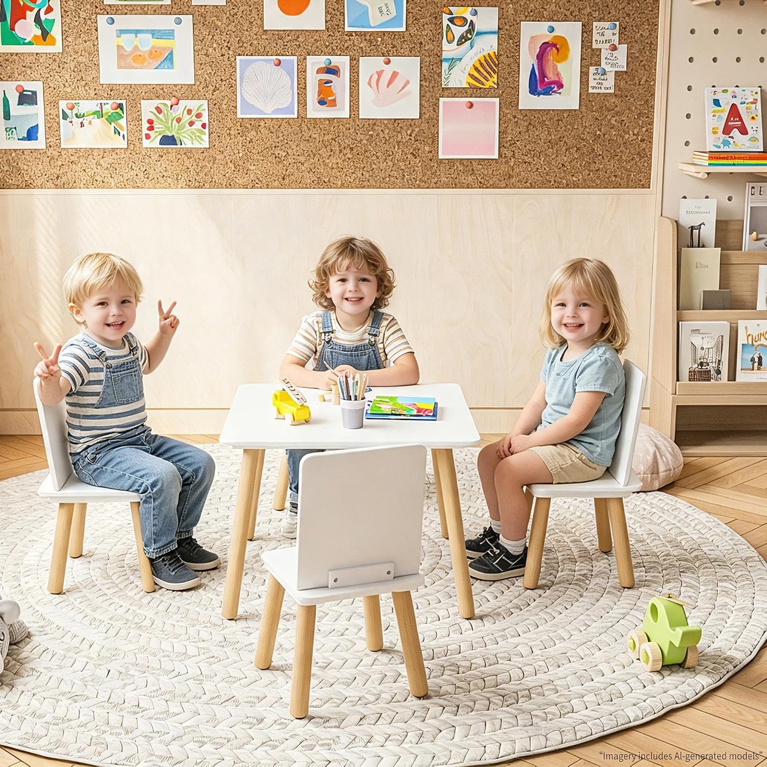Kids Table and Chairs Set, 5 Pieces Toddler Table and Chair Set, Kids' Table & 4 Chair Sets, Kid Play Table for Daycare, Classroom, Home (White)