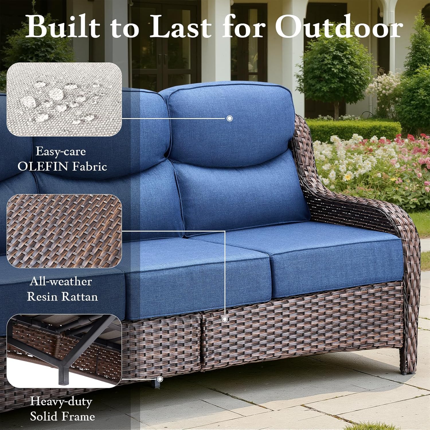 Wicker Patio Sofa with 6" Thick Cushions, All-Weather Outdoor Rattan Couch with High Backrest and Deep Seat, Outdoor Patio Sofas for Porch, Yard, Garden, Brown/Blue