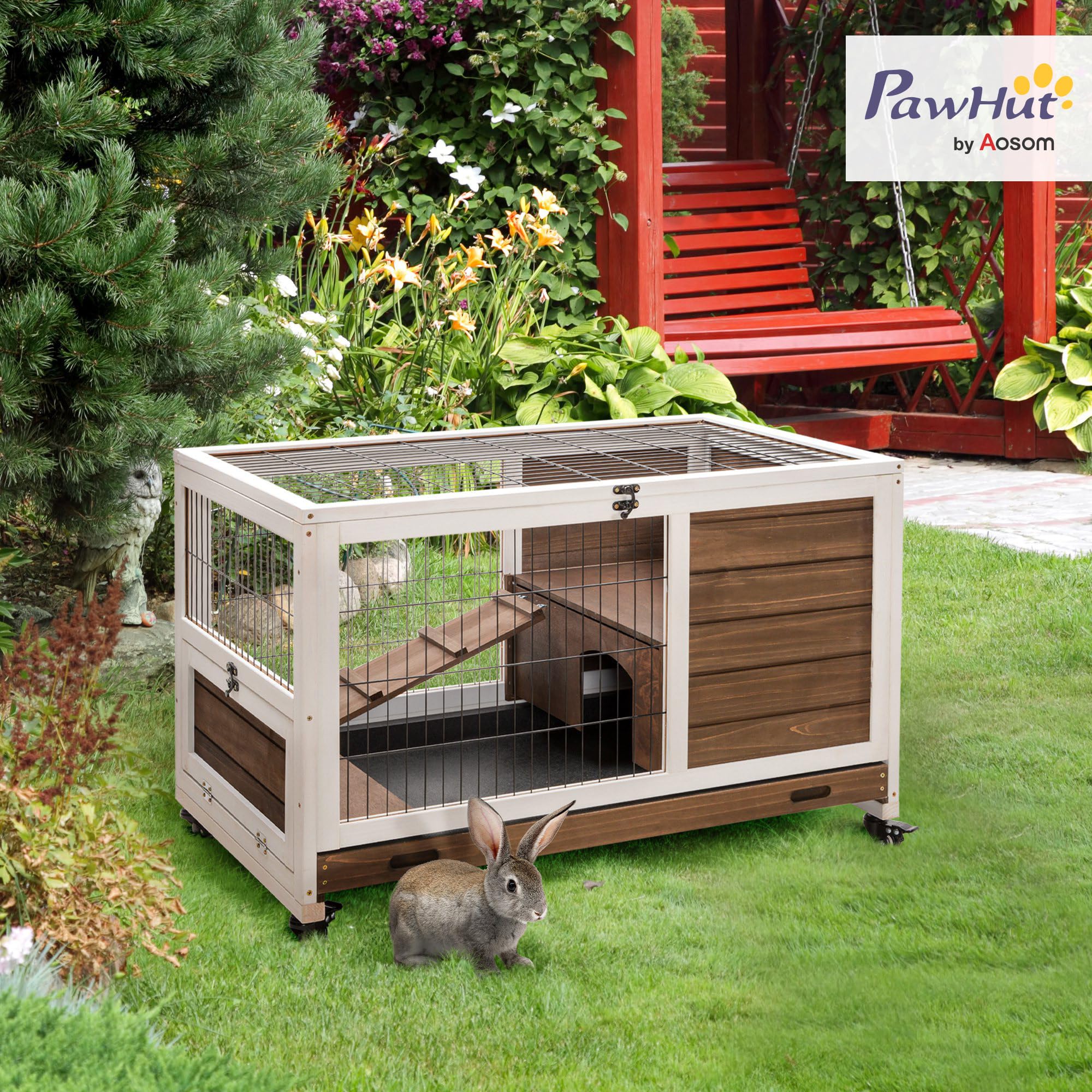 PawHut Jaula para Conejos de Madera Conejera para Mascotas Pequeñas Portátil Interior con Techo Abrible Rampa Bandeja Extraíble para Conejillos de Indias 90x53x59 cm Marrón