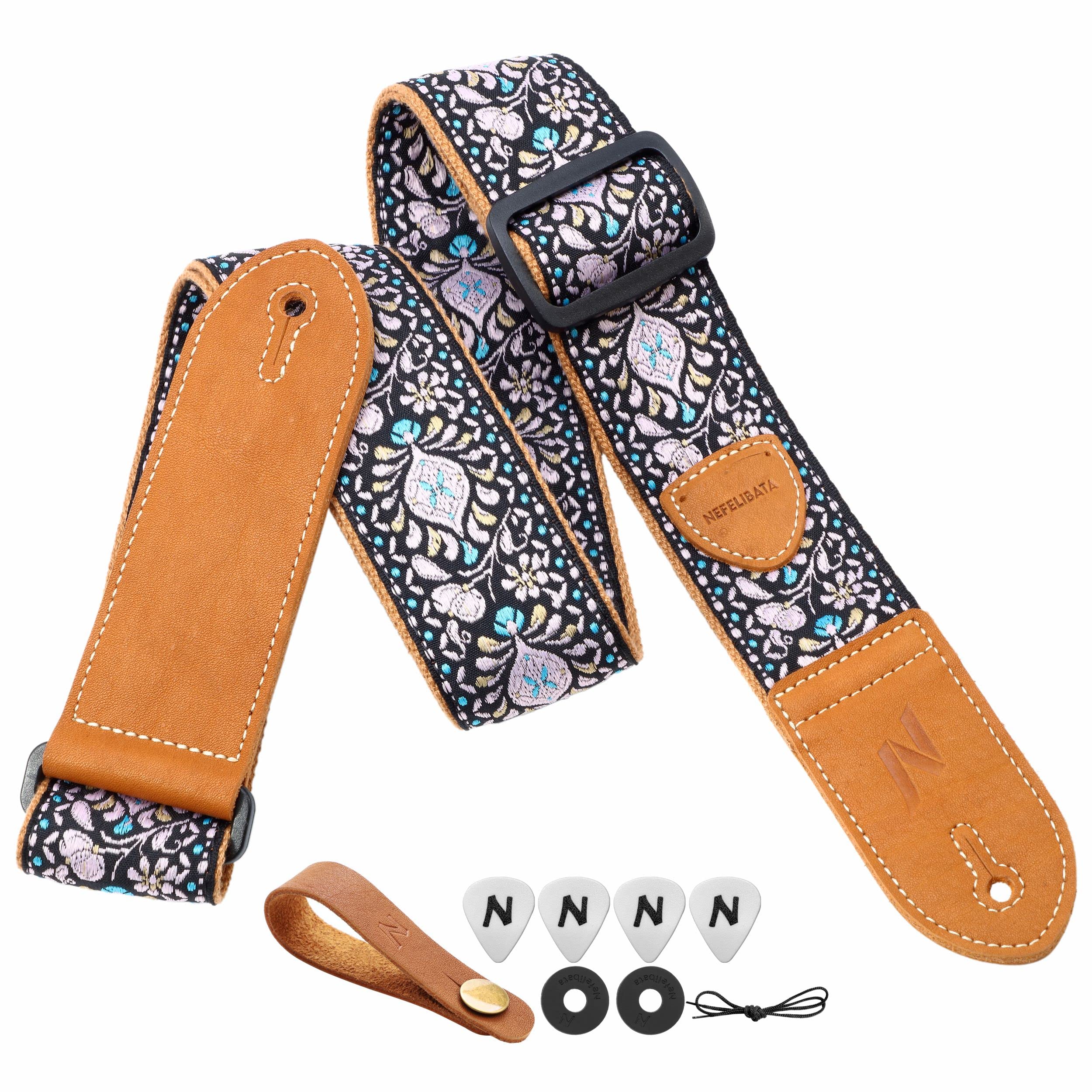 Nefelibata Guitar Strap,Double leather ends,Vintage Woven W/FREE BONUS-4 Picks+Strap Locks+Strap Button,Best Gift For Bass,Electric&Acoustic Guitars for Guitar(Vintage pink yellow embroidery)