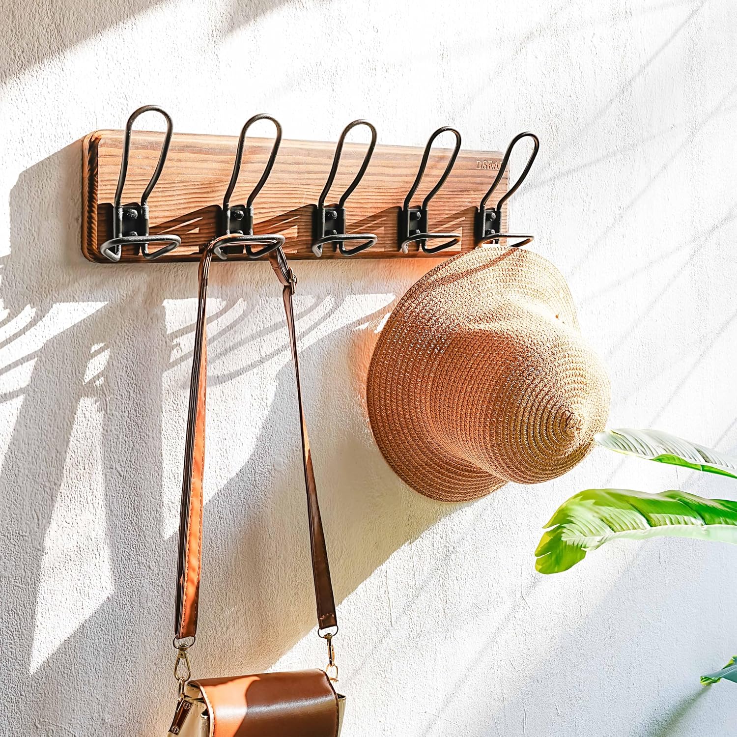 Dseap Coat Rack Wall Mounted - Heavy Duty Farmhouse Rustic Wall Coat Hanger with 5 Wire Hooks for Clothes Hat Jacket Towel, RusticWire, G25A, Rustic Brown & Black, Pack of 2