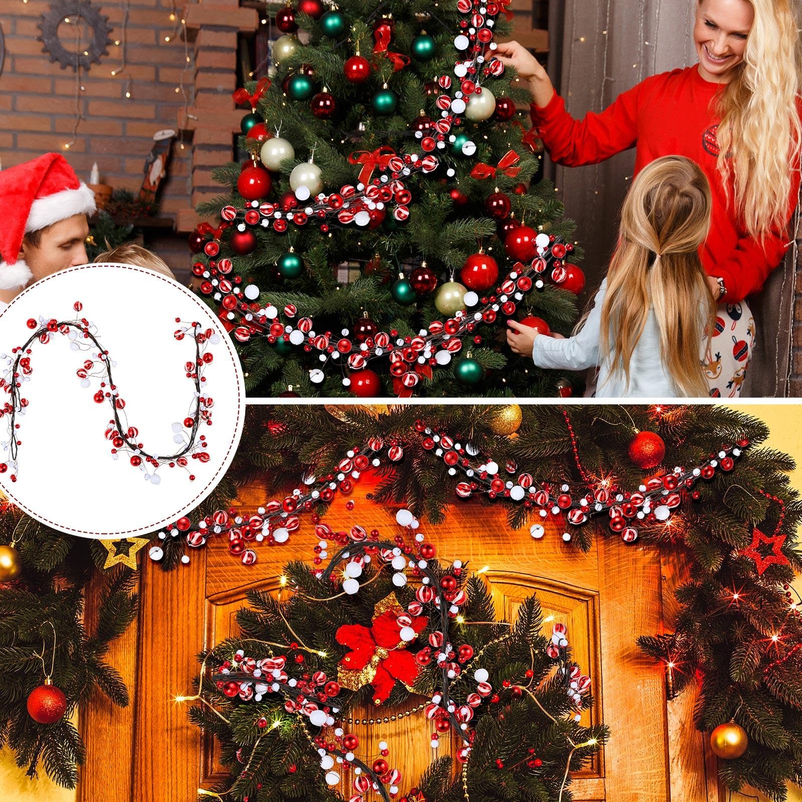 WILLBOND Guirlande de boules de Noël à suspendre pour sapin de Noël, cheminée, couronne de 3,7 m, rouge et blanc