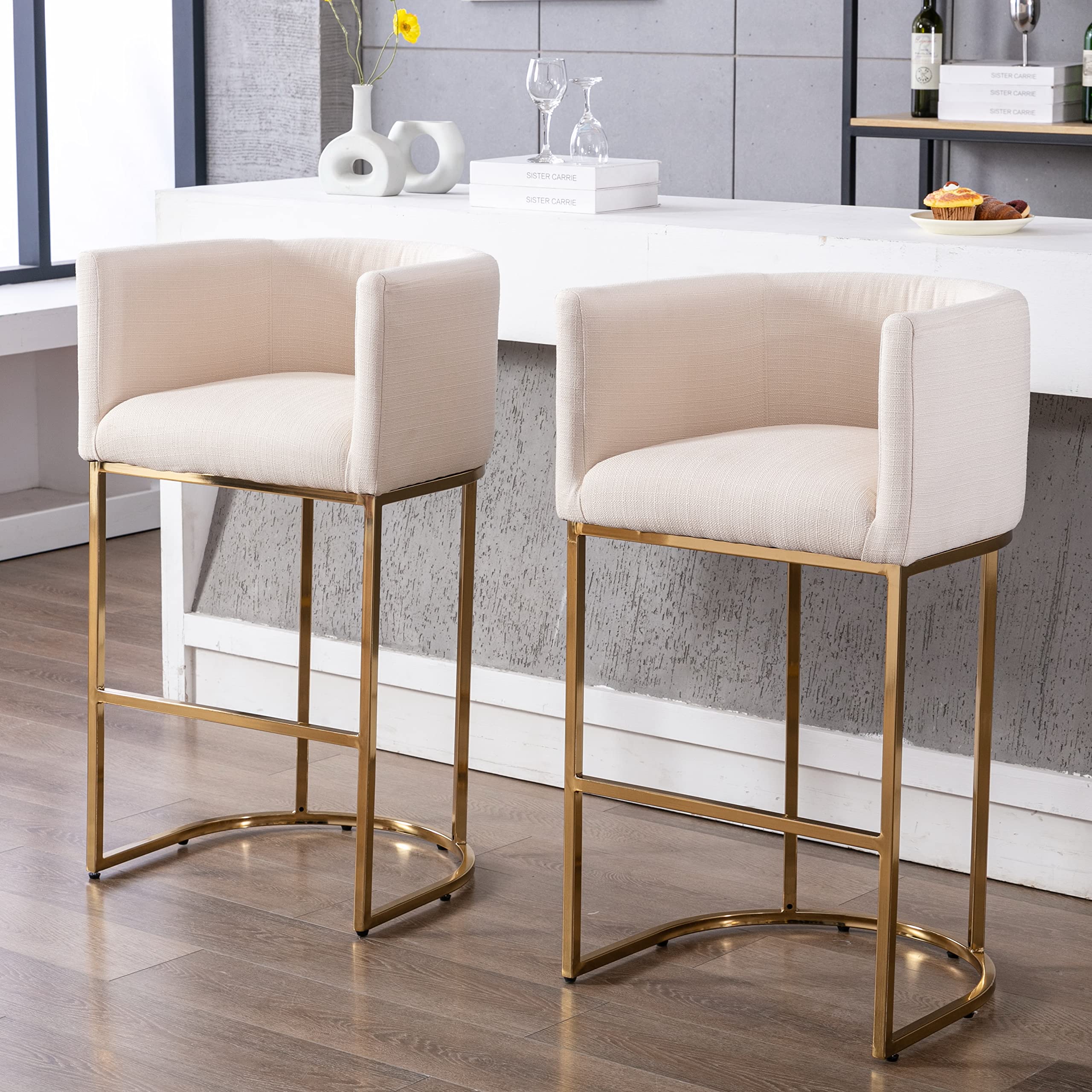 RIVOVA Contemporary Cream Linen Bar Stools Set of 2