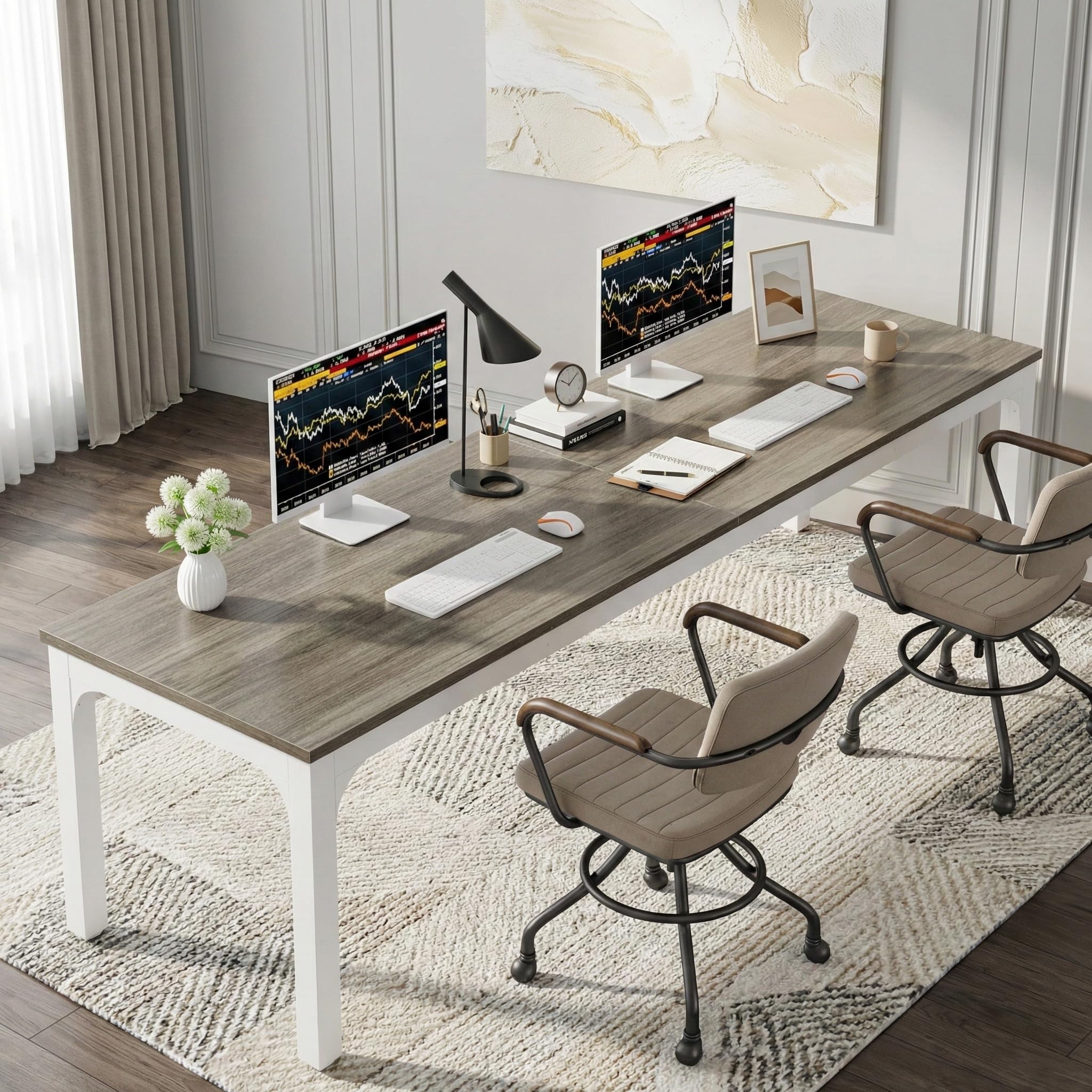 Lailang 200cm Scrivania, Workstation Per Due Persone, Scrivania In Legno Rovere, Tavolo Ufficio Riunioni, Scrittoio Pc Gaming, Scrivania Bianca Lunga, 200 x 70 x 75 cm, Rovere Bianco