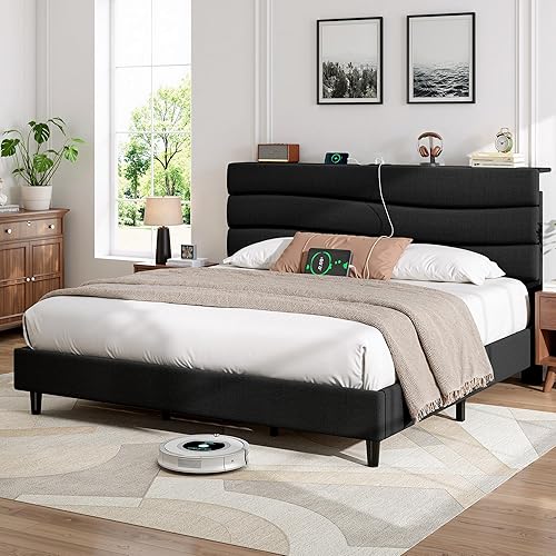 Miniatura 21 de EnHomee Base de cama tamaño Queen, base de cama Queen tapizada con estaciones de carga, cabecera de almacenamiento ajustable, dormitorio,