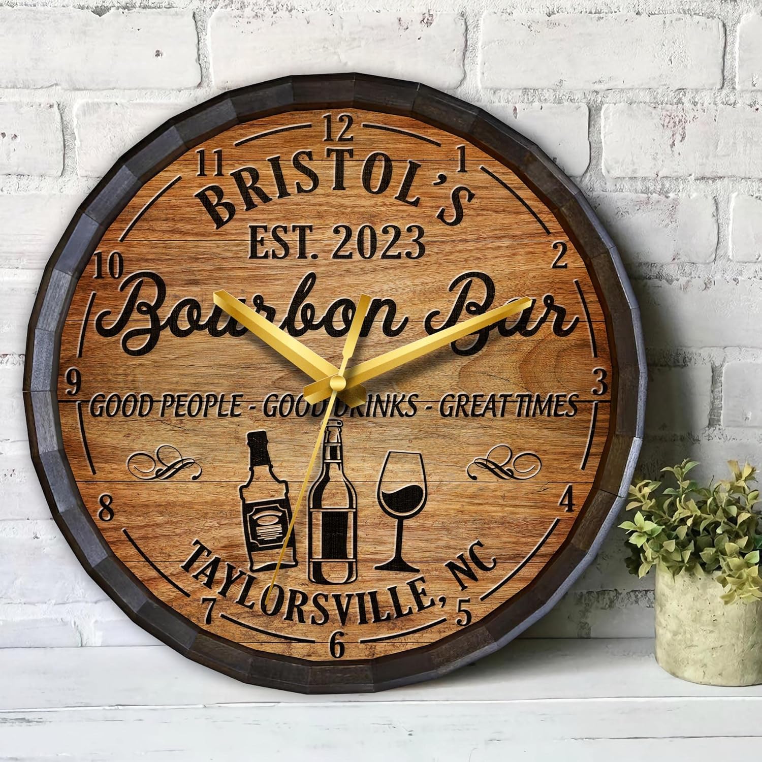 V VIBEPY 2D All Over Printed Bourbon Clock, Personalized Bar Clock, Bar Decor, 12" Wood Clock, Clock for Home, Wall Clock, Printed Clock, Wall Hanger, Gift for Dad, Gift for Him (004)