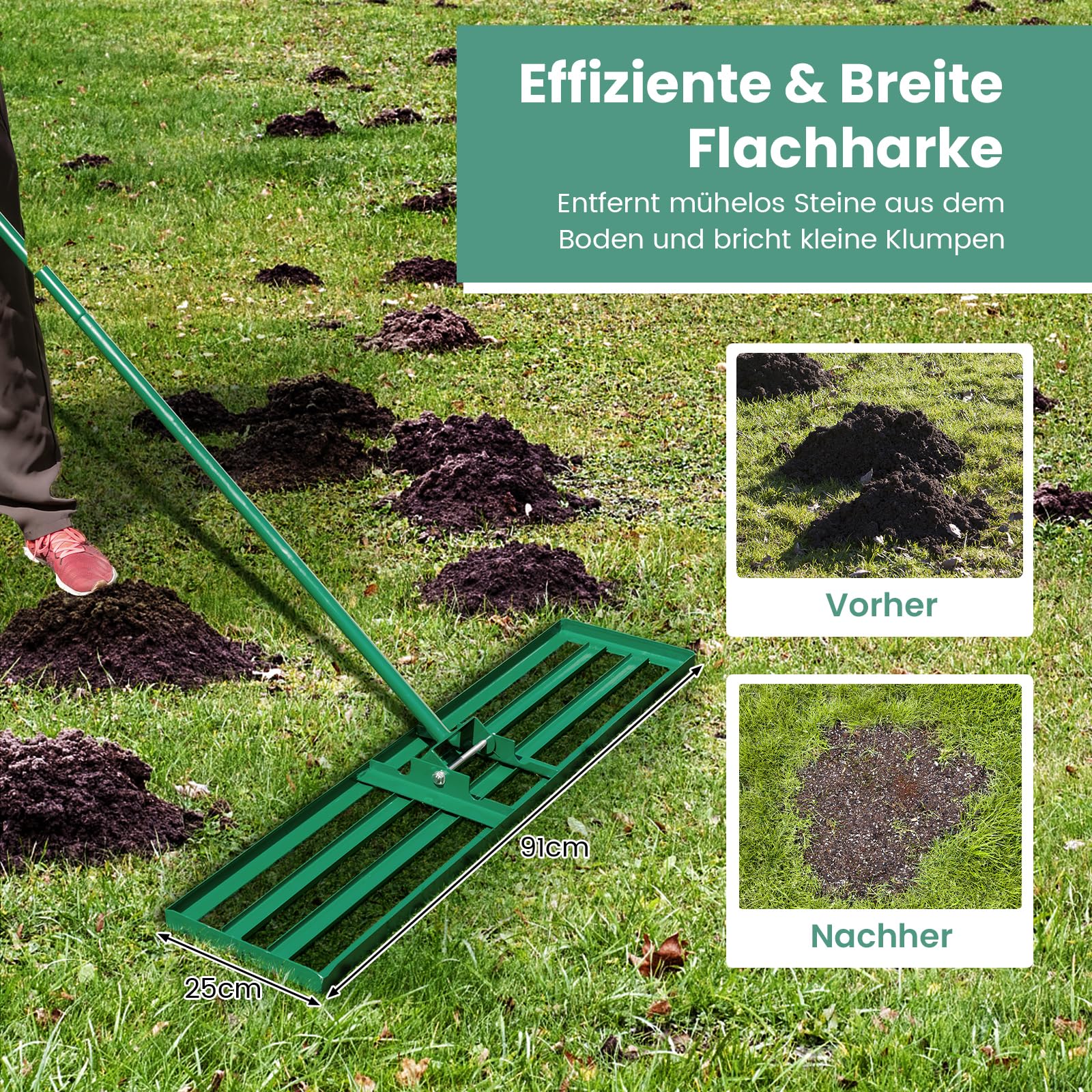 COSTWAY Rasen Nivellierrechen Metall, Rasenrechen mit ergonomischem Griff, Nivellierung von Sand Boden, Rechen Flächenebner Rasenwerkzeug, für Garten Hinterhof Golfplatz, Grün (91 cm x 25 cm)