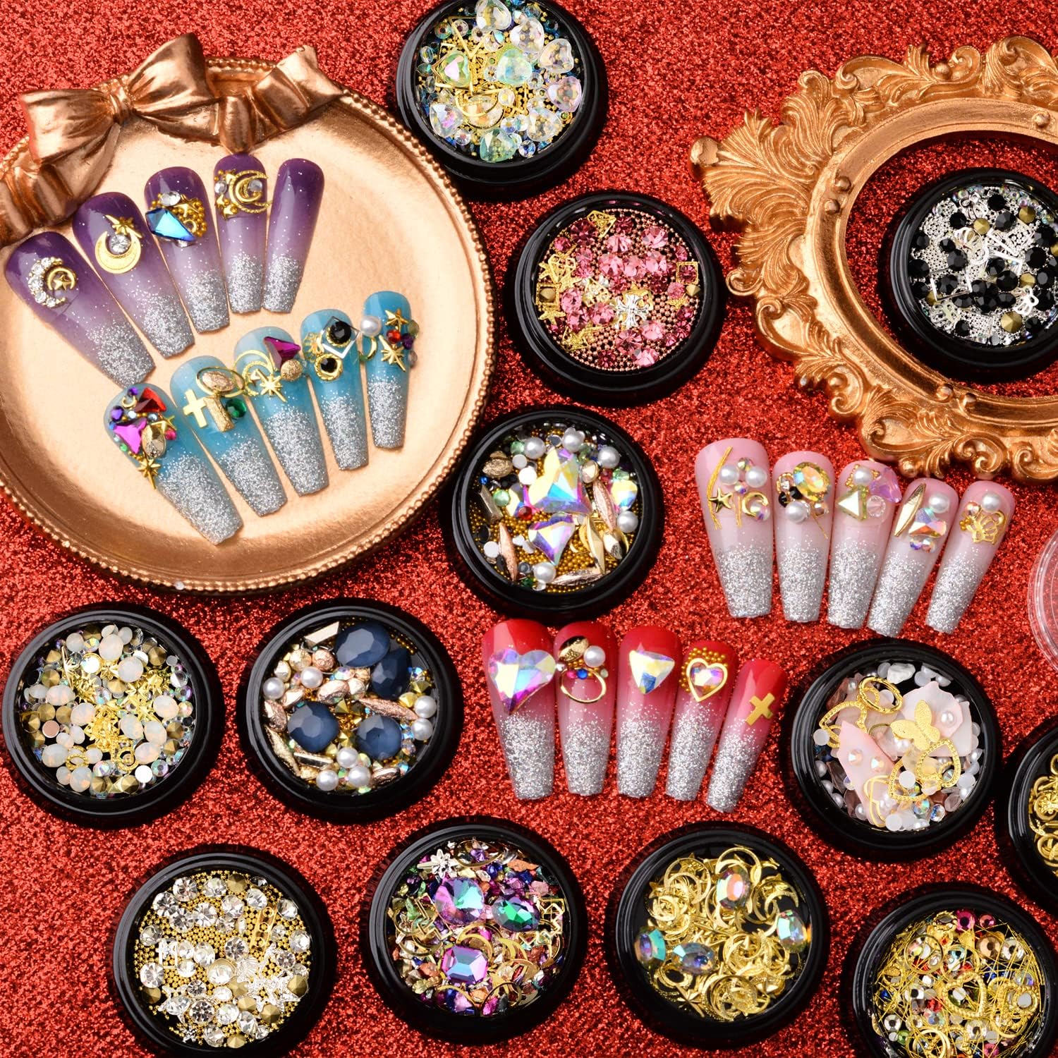 Umillars 12 Wheels Nail Art Decorations Rhinestones Gold Silver Studs Metal Rivets Hollow Moon Star Shaped Diamonds Gems Mixed Size Flatback Colorful Crystal