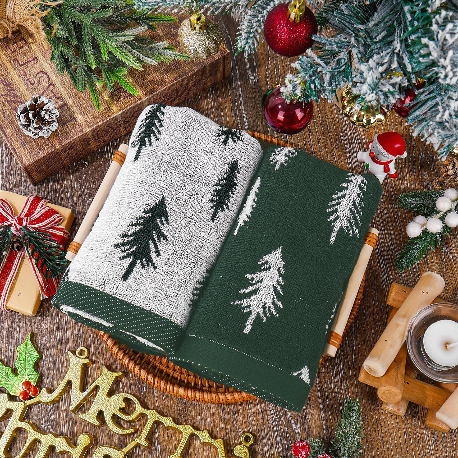 JarThenaAMCS 2 Pack Christmas Hand Towels Green White Pine Tree Decorative Towel Xmas Tree Cotton Bathroom Towel for Kitchen Drying Cleaning, 29.5 x 13.7 Inch - Image 4