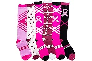 6 Pairs Womens Knee High Sports Socks: Breast Cancer Awareness