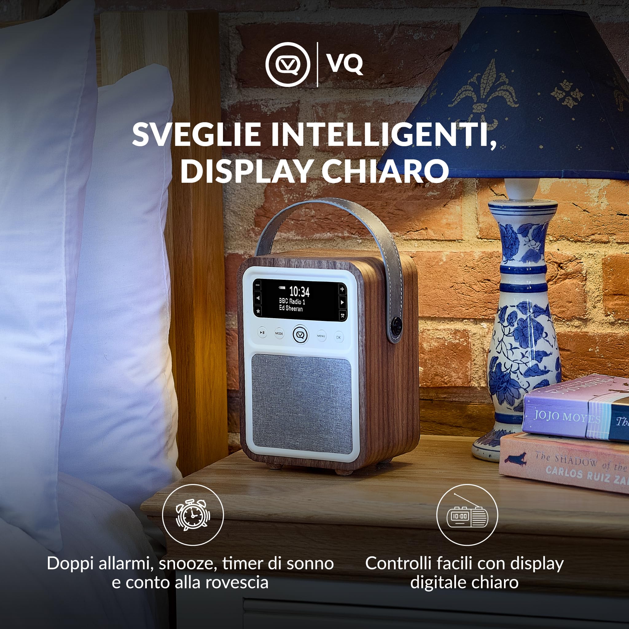 VQ Monty Radio DAB Plus/DAB con Cassa Bluetooth, FM e Radio Sveglia Funzione - Alimentata da Rete e Batteria Radio Portatile Vintage con Antenna, Presa Cuffie e Porta USB - Noce