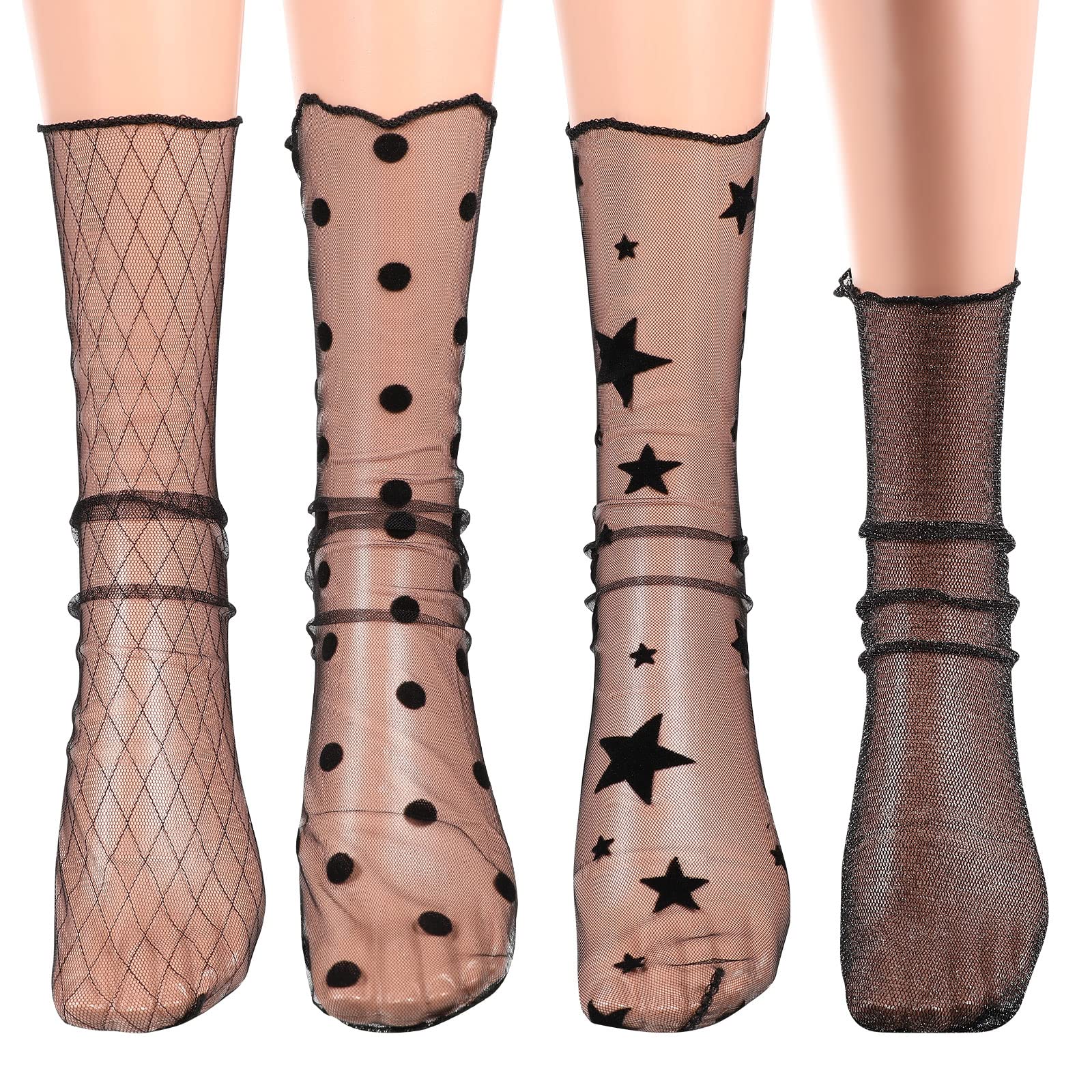 Theaque 4 Pairs Women's Lace Socks Mesh Lace Loose Socks Decorated Ankle High Sheer Socks Sheer Mesh Slouch Socks for Women